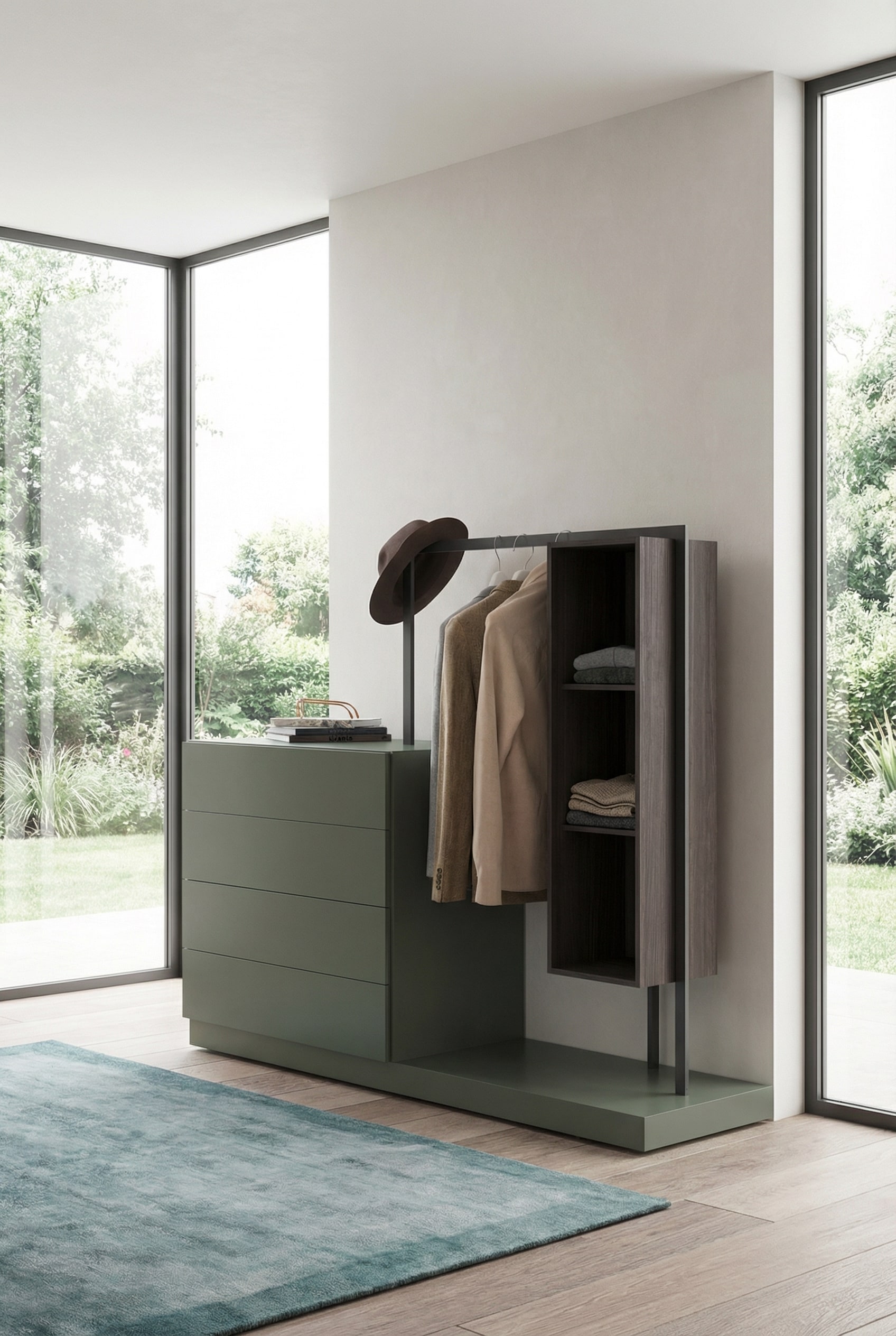Novamobili Kommode Easy 4 mit integrierter Garderobe in einem offenen Schlafzimmerkonzept.