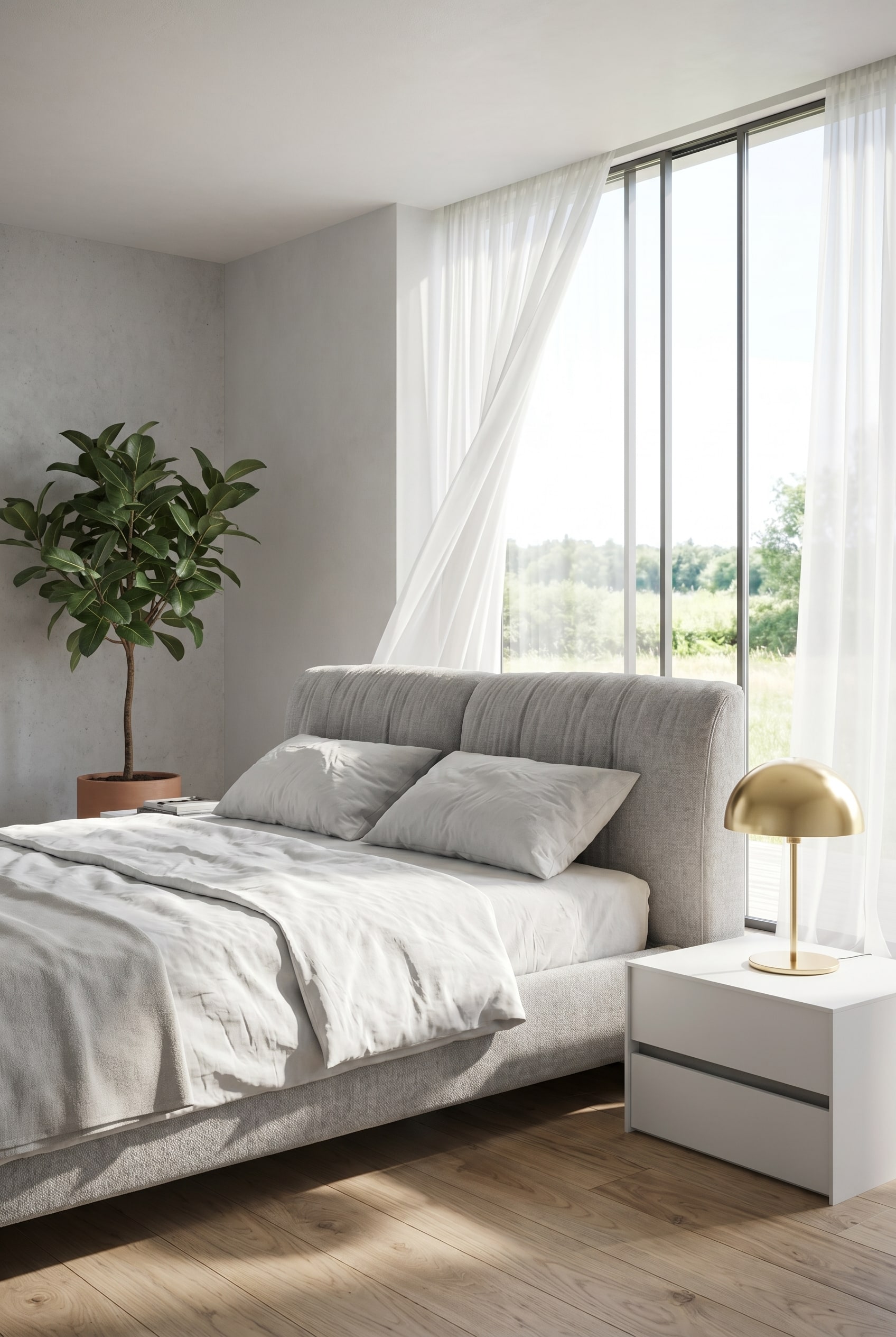 Luftiges Schlafzimmer mit einem grauen Polsterbett, weisser Leinen-Bettw&auml;sche, einer minimalistischen Tischlampe und einer gro&szlig;en Gr&uuml;npflanze