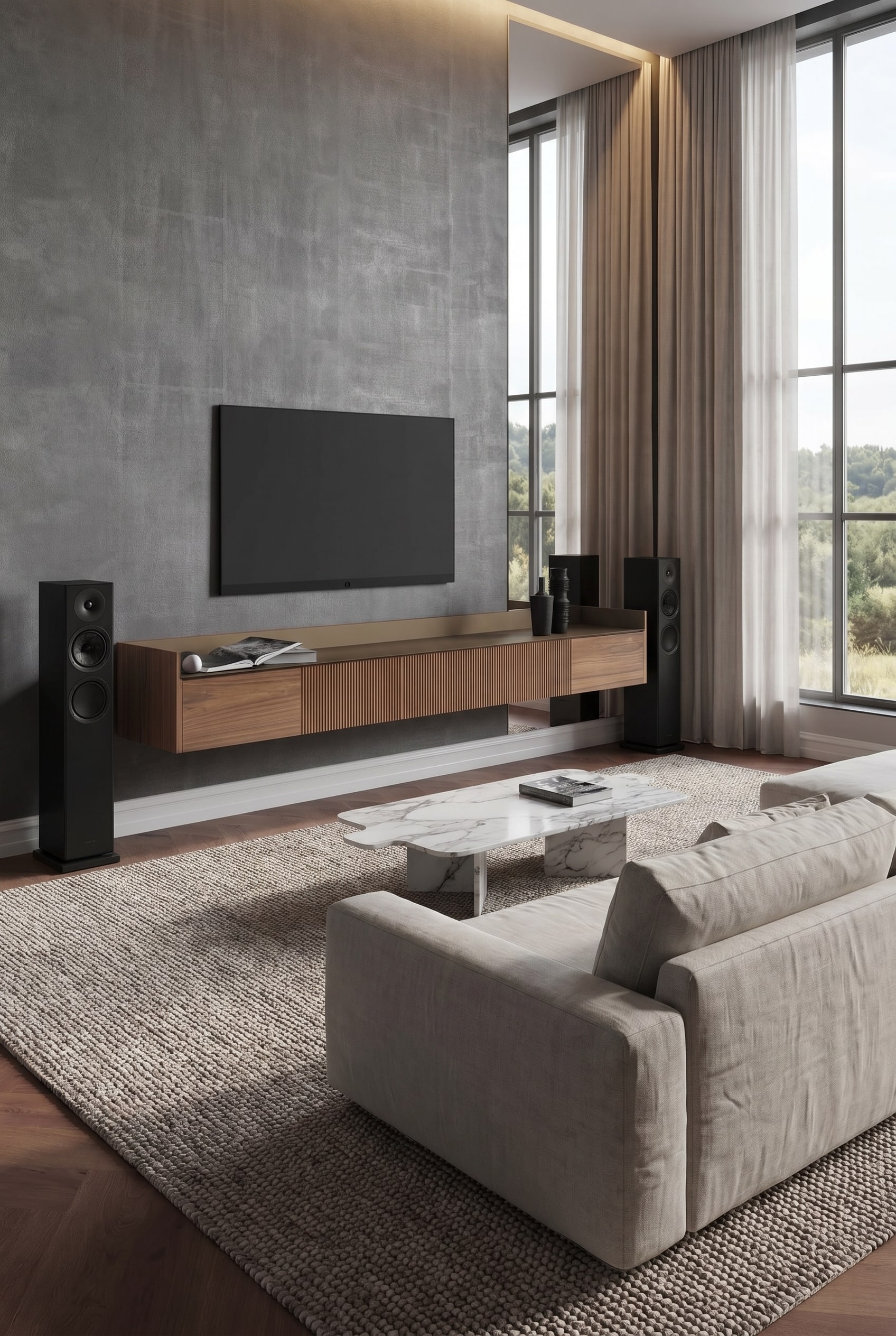 Modernes Wohnzimmer mit wandh&auml;ngendem TV Sideboard in Nussbaum und schwarzen Standlautsprechern im warmen Abendlicht