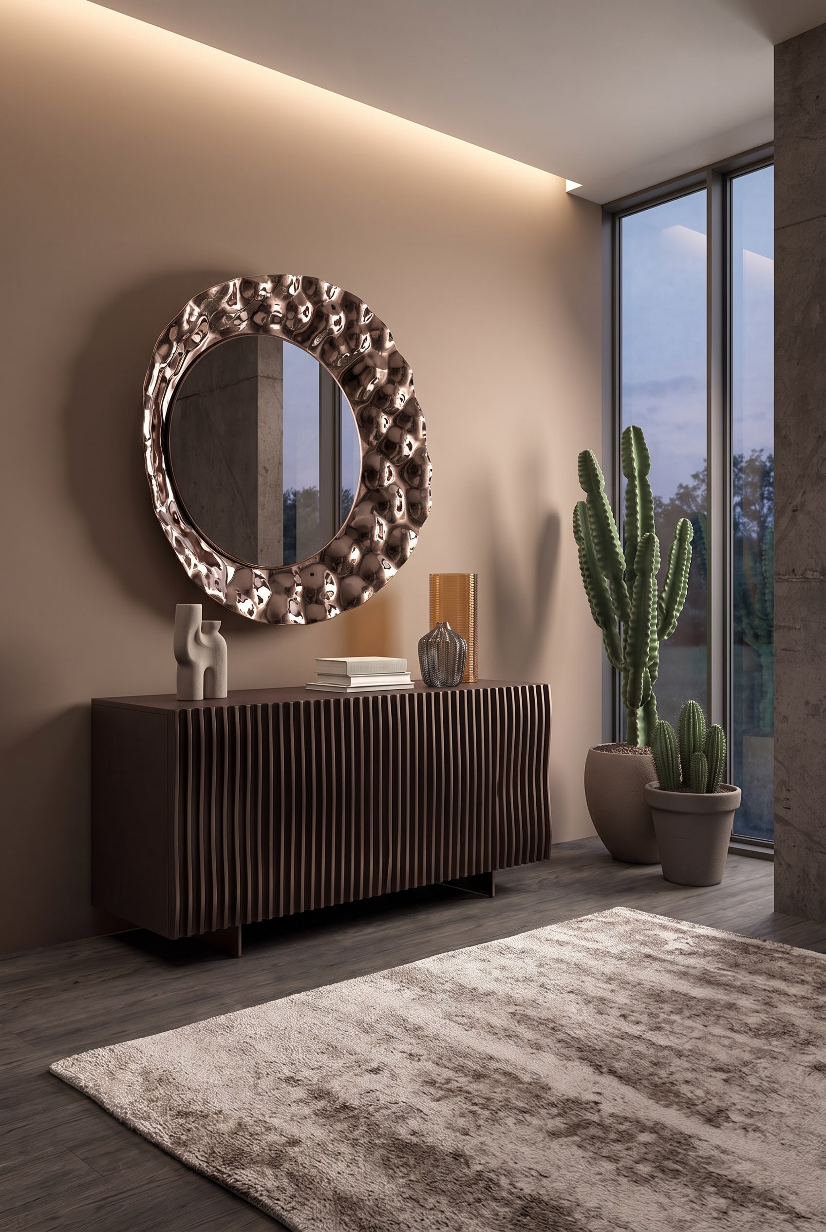 Modernes Wohnzimmer mit Ozzio Onda Sideboard mit wellenf&ouml;rmiger Front vor einer sanft braunen Wand