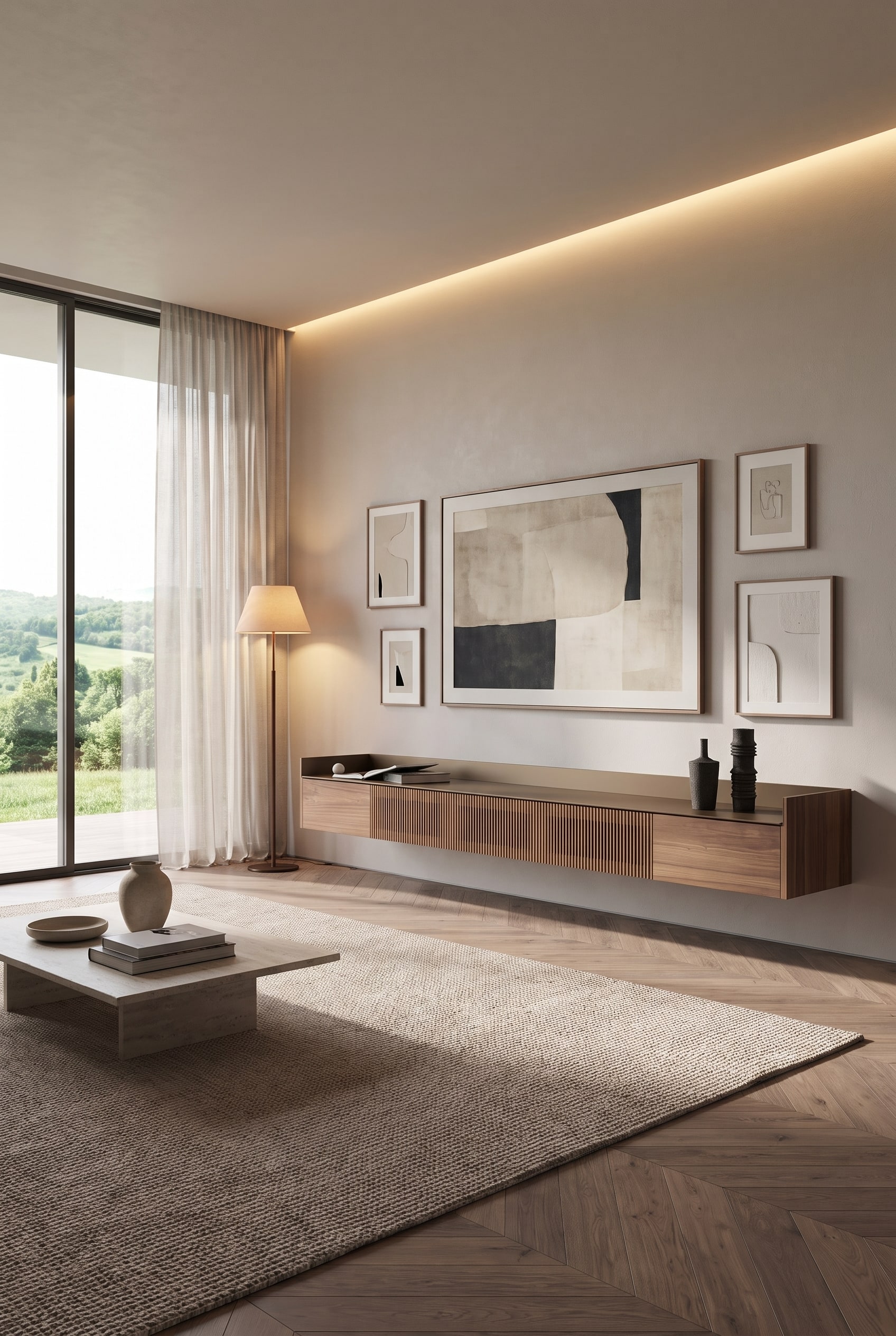 Modernes Wohnzimmer mit flachem wandhängendem Echtholz-Sideboard und einem großformatigen Kunstbild darüber