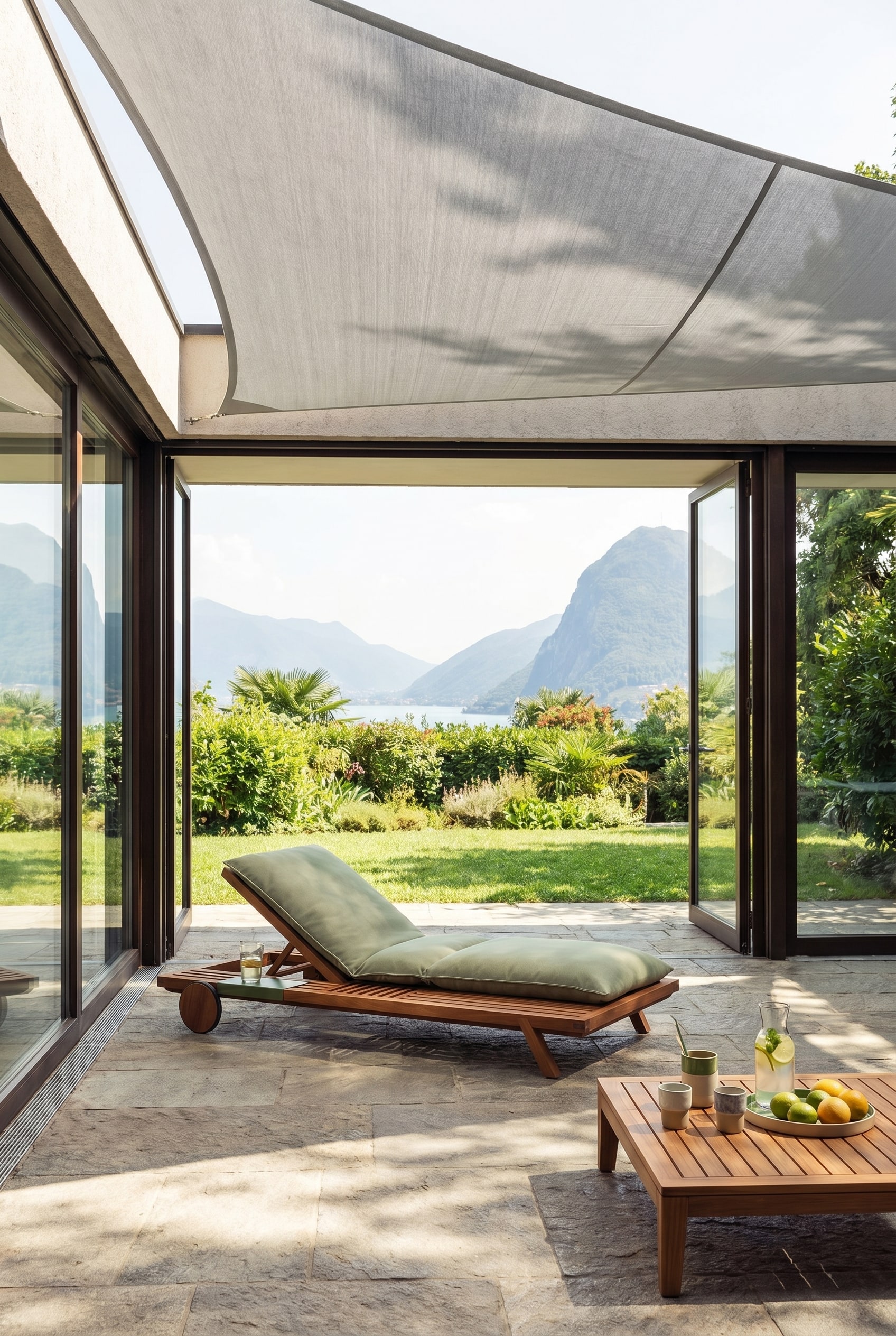 Übergangsbereich mit großen Glasfronten, hellgrauem Sonnensegel und der massiven Holzlounge Prostoria Umomoku mit salbeigrünen Polstern