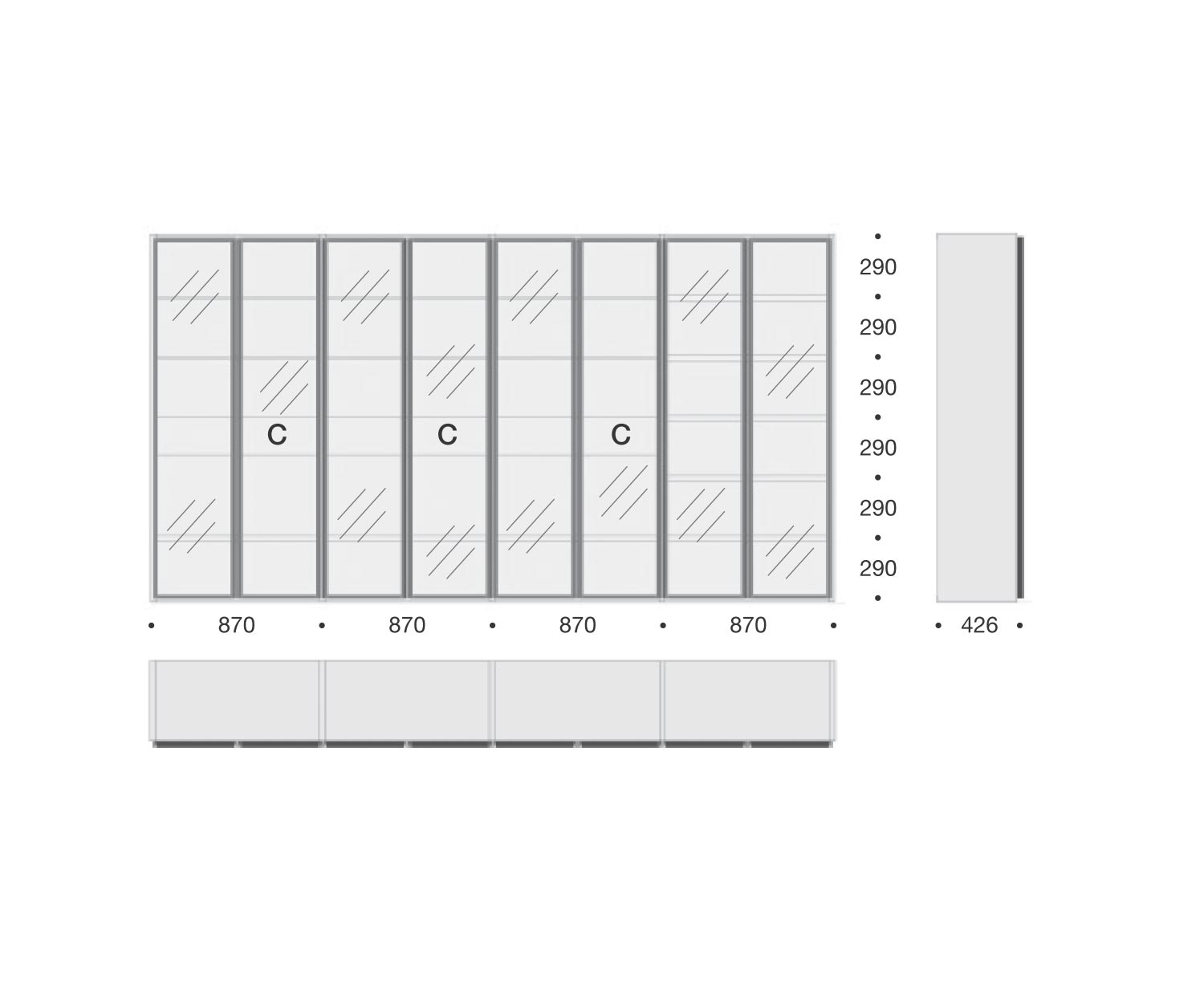Hochwertiges Livitalia Bücherregal mit Glastüren C63 Skizze Maße Größen  Hochwertiges Livitalia Bücherregal mit Glastüren C63 Skizze Maße Größen