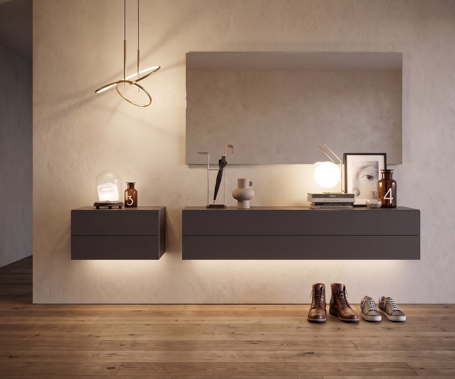 Novamobili Easy Hängekommode mit 2 Schubladen Novamobili Easy Hängekommode mit 2 Schubladen im Flur. Schwebendes Design-Sideboard in Grau im minimalistischen Stil.