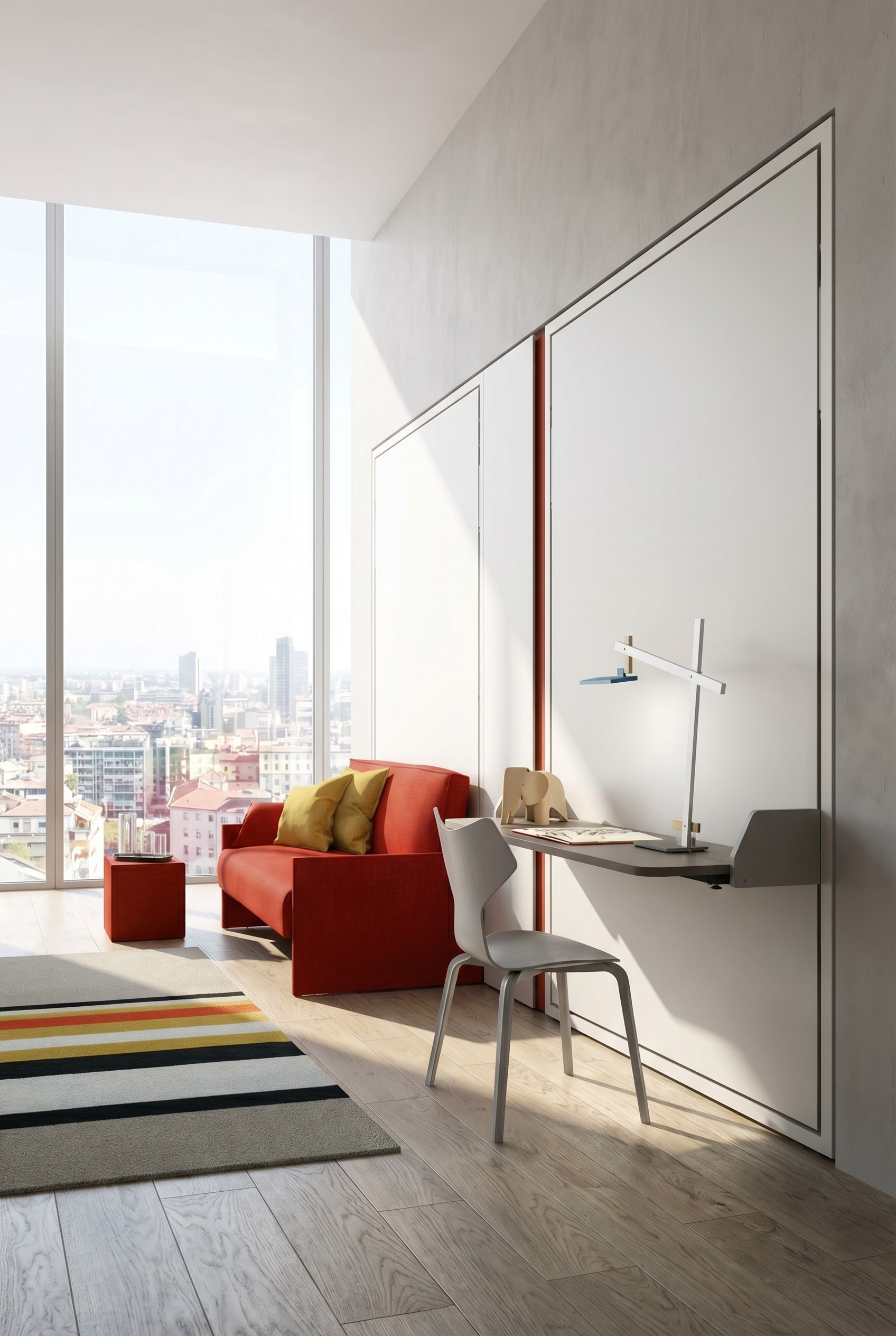 Ein aufger&auml;umtes Home-Office im luxuri&ouml;sen Stil mit einem platzsparenden, hochgeklappten Einzelbett an der Wand.