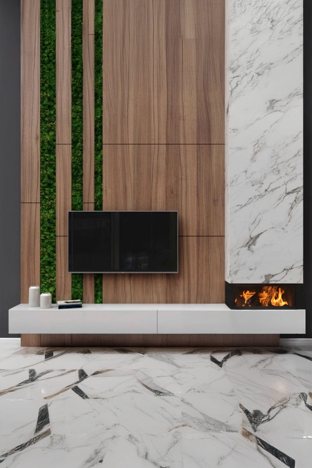 moderne-tv-wand-mit-hellem-lowboard-sowie-gruenen-holzfarbenen-und-marmorierten-details