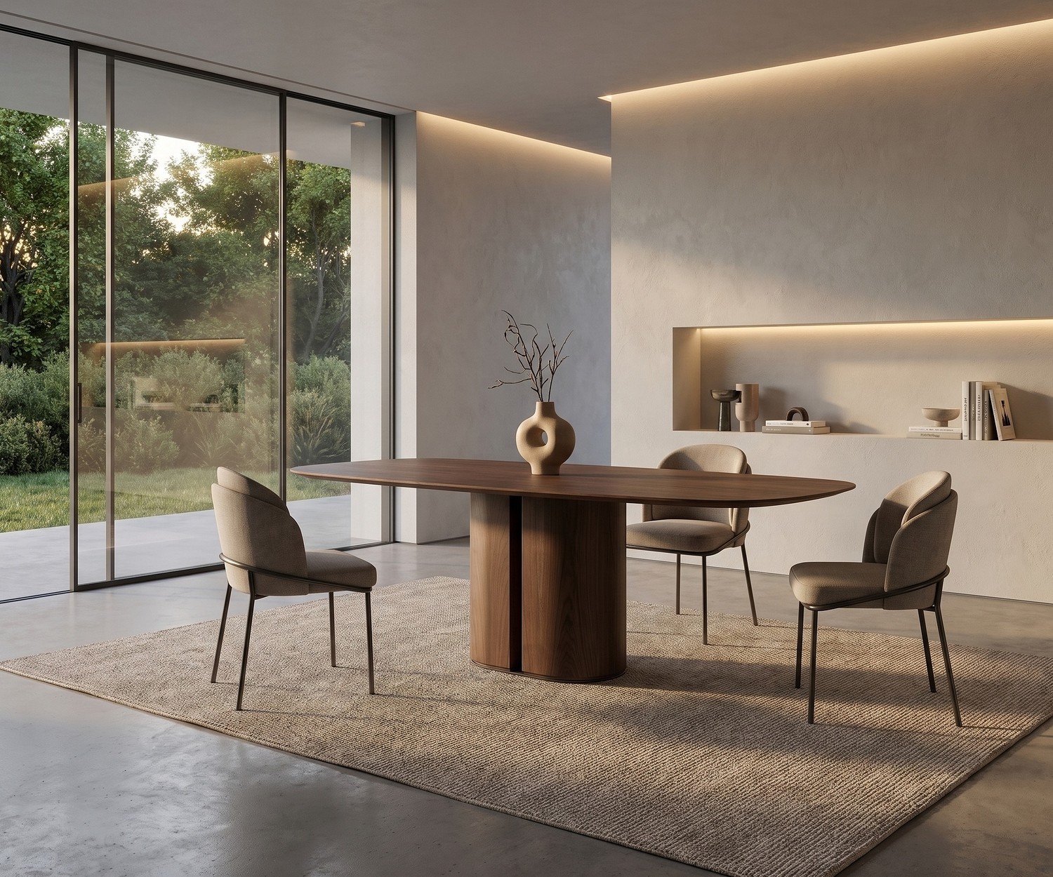 al2 el-it c 001 ovaler Holz-Esstisch al2 el-it c 001 Esstisch aus Holz im modernen Esszimmer mit Polsterstühlen und Gartenausblick.