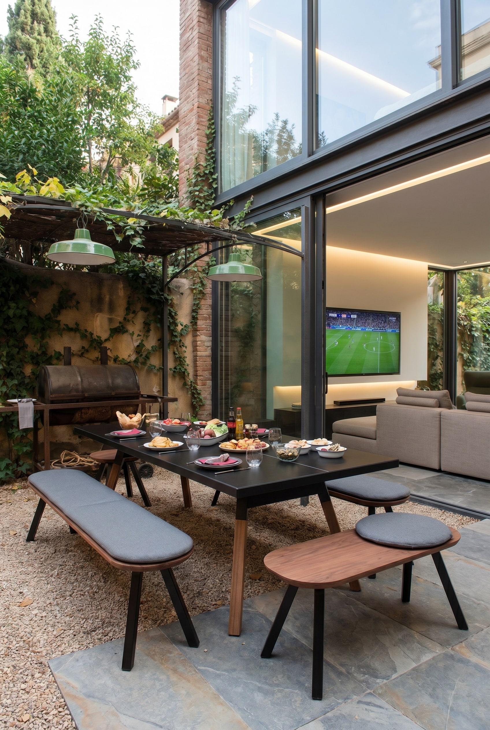 Holzbank mit grauen Sitzkissen auf einer Terrasse im Freien vor einem schwarzen Tisch und einem großen Grill