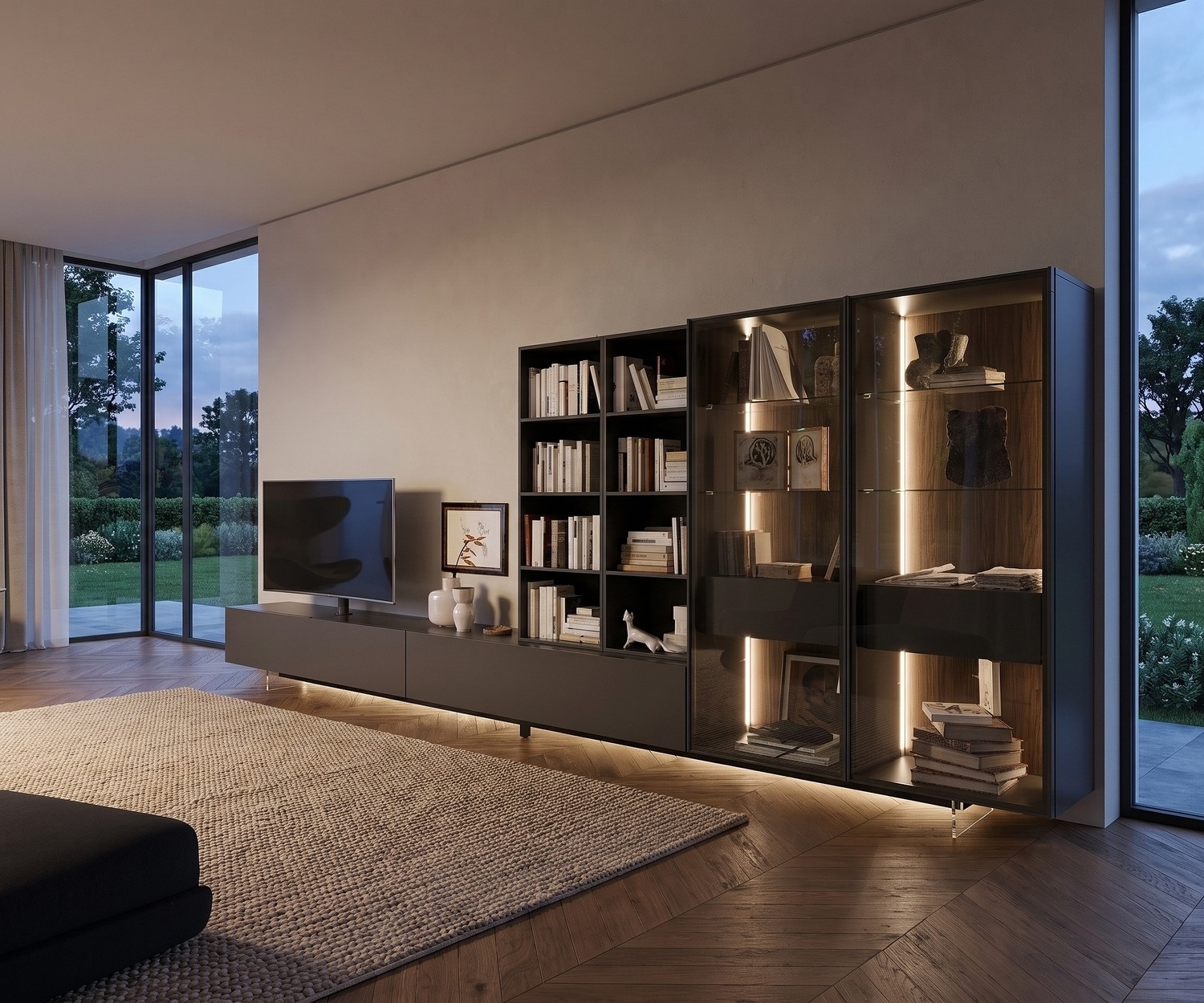 Livitalia Transparenter TV Sockel Livitalia TV Sockel transparent unter dunklem Lowboard im Wohnzimmer für einen schwebenden Effekt mit LED-Beleuchtung.