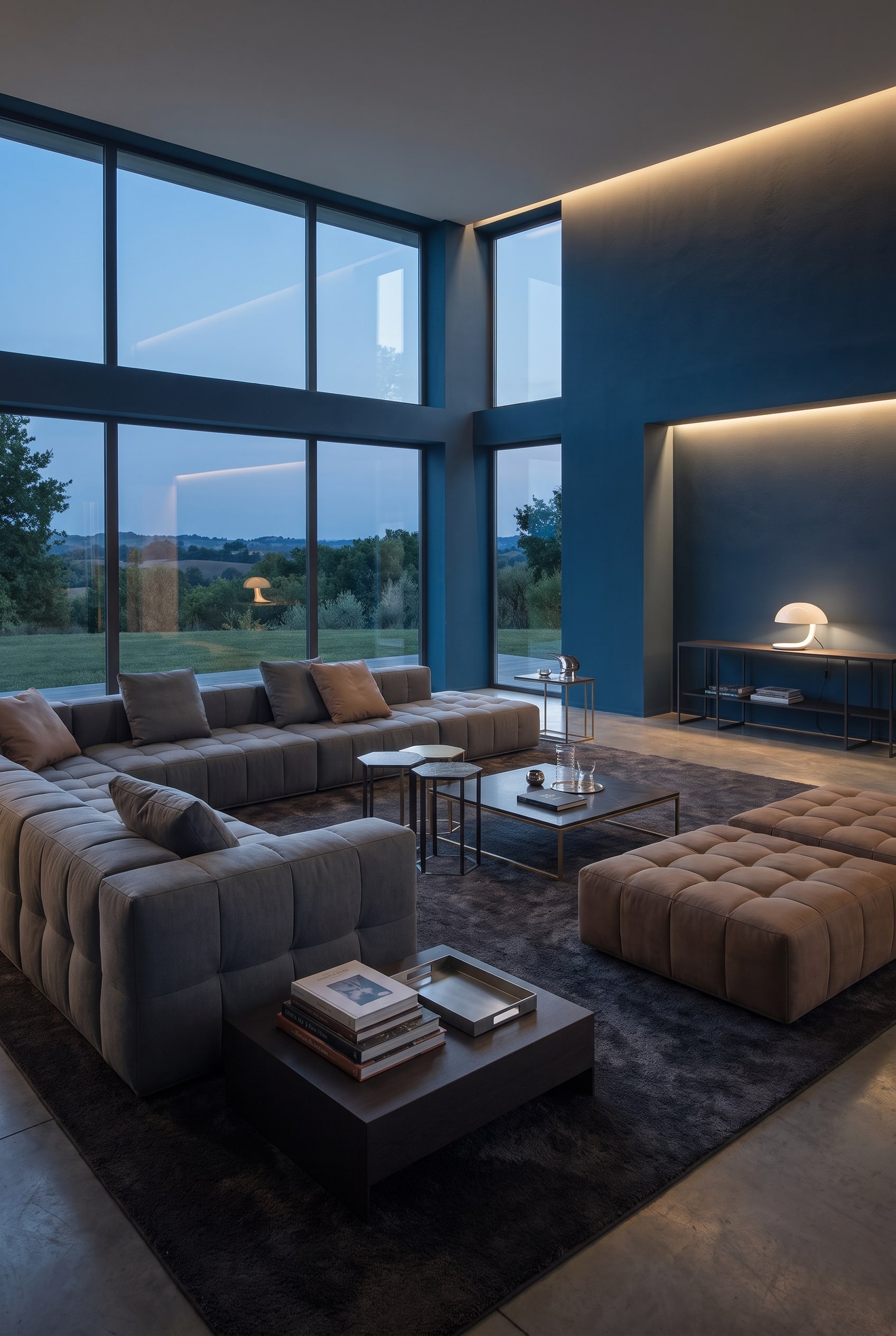 Wohnzimmer in Marineblau mit bodentiefen Fenstern und einem großformatigen, tiefen Loungesofa in Anthrazit