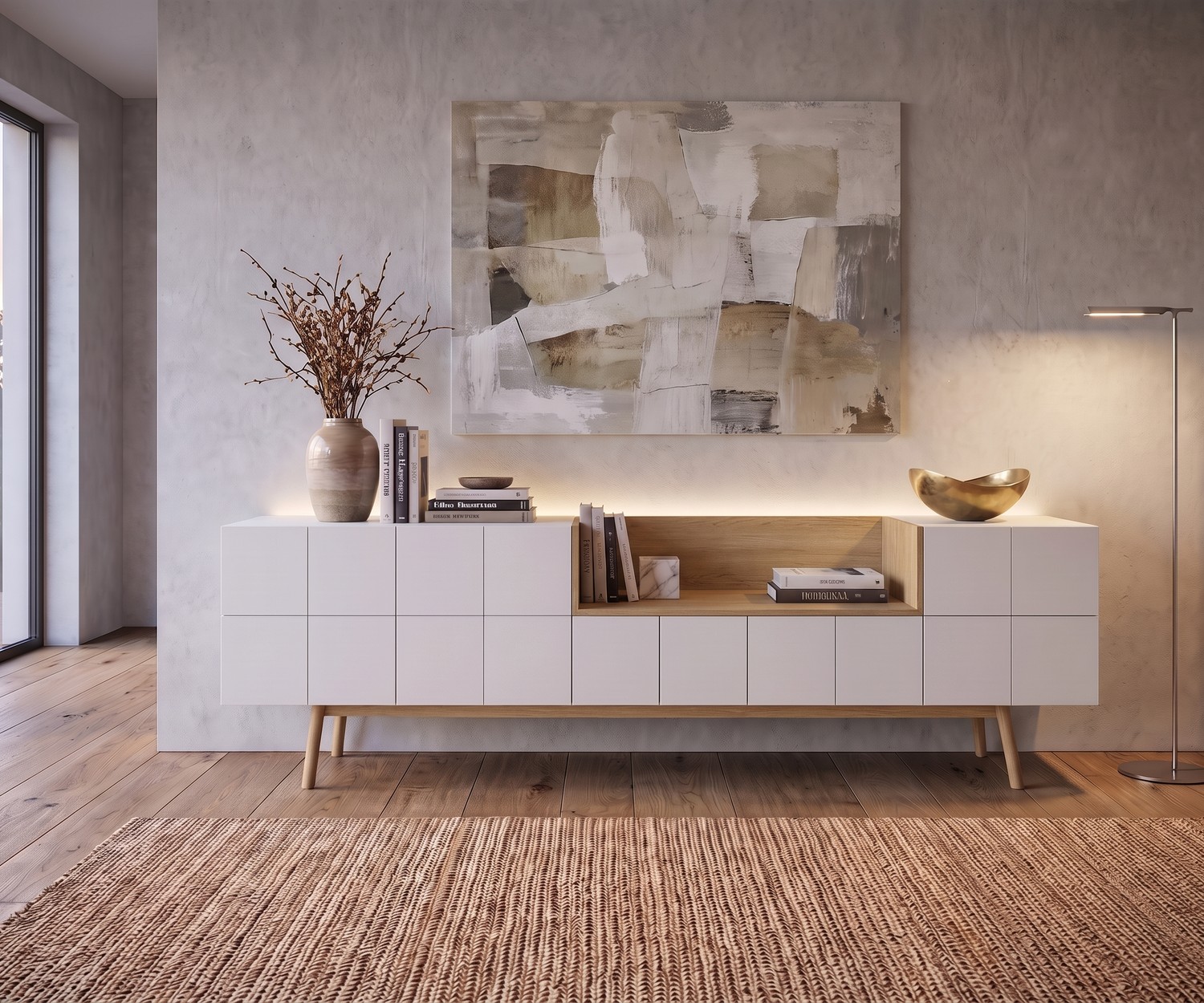 Design Sideboard MOS-I-KO 003 A für das Wohnzimmer in Weiß matt und Holz, im Retro-Look mit offenem Fach und Deko.