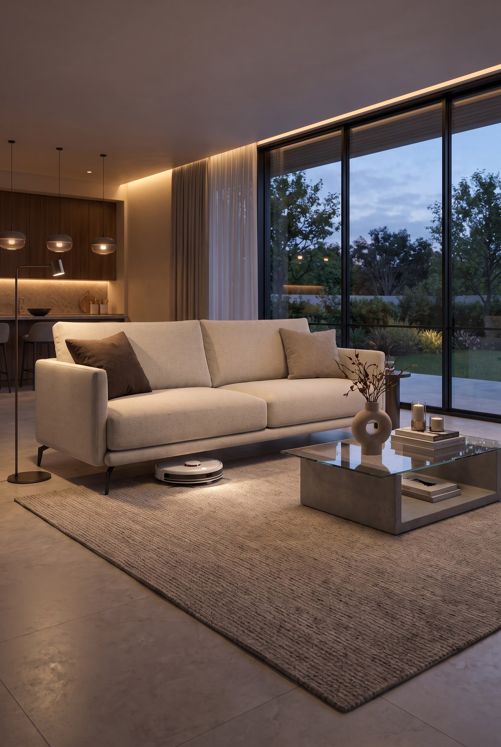 Modernes Wohnzimmer mit dem Livitalia Sofa Lisbora und Saugroboter