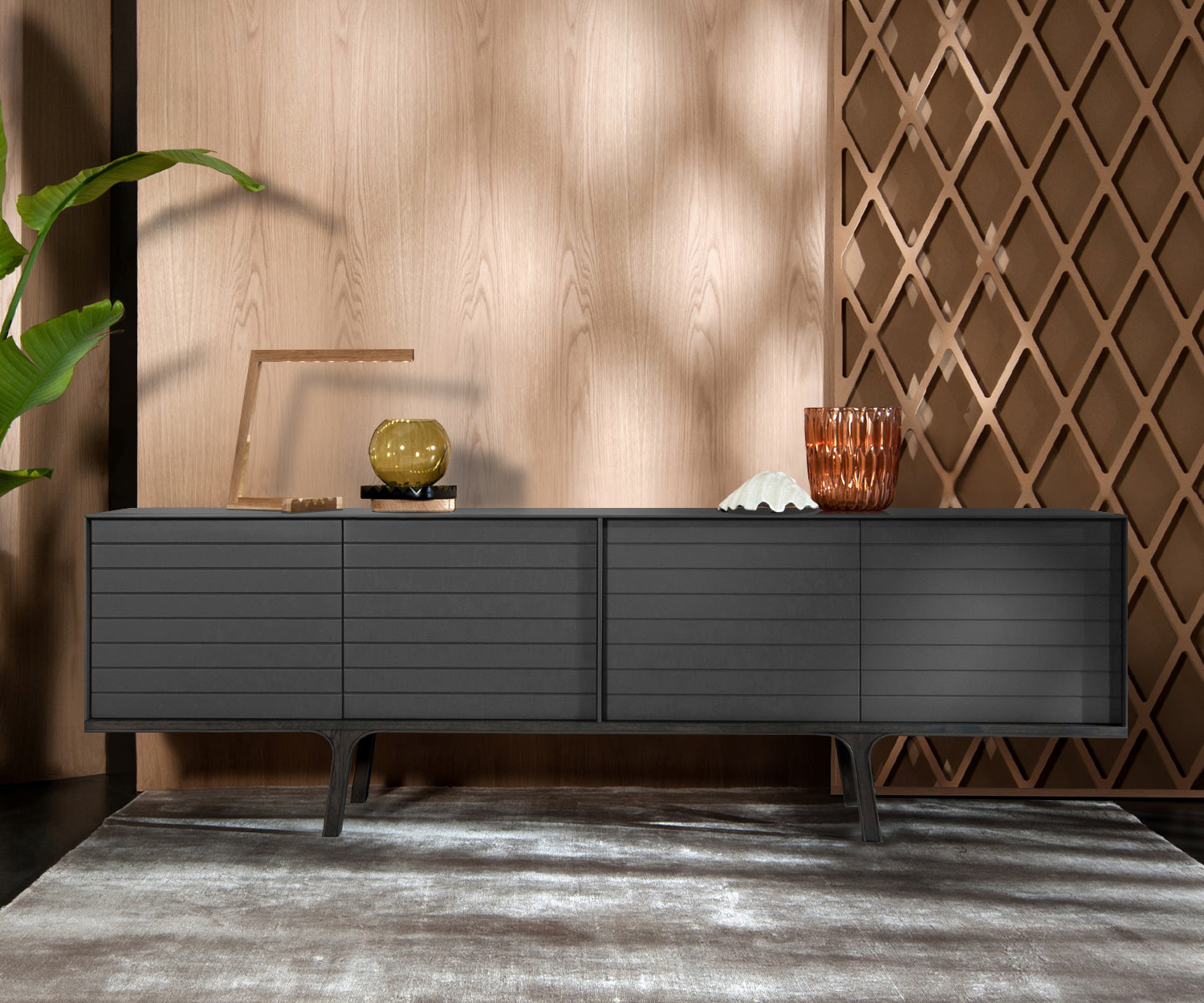 Exklusives al2 Mobius 002 Design Sideboard Eukalyptus Sockel und Füße Dunkelgrau Exklusives al2 Mobius 002 Design Sideboard Eukalyptus Sockel und Füße Dunkelgrau