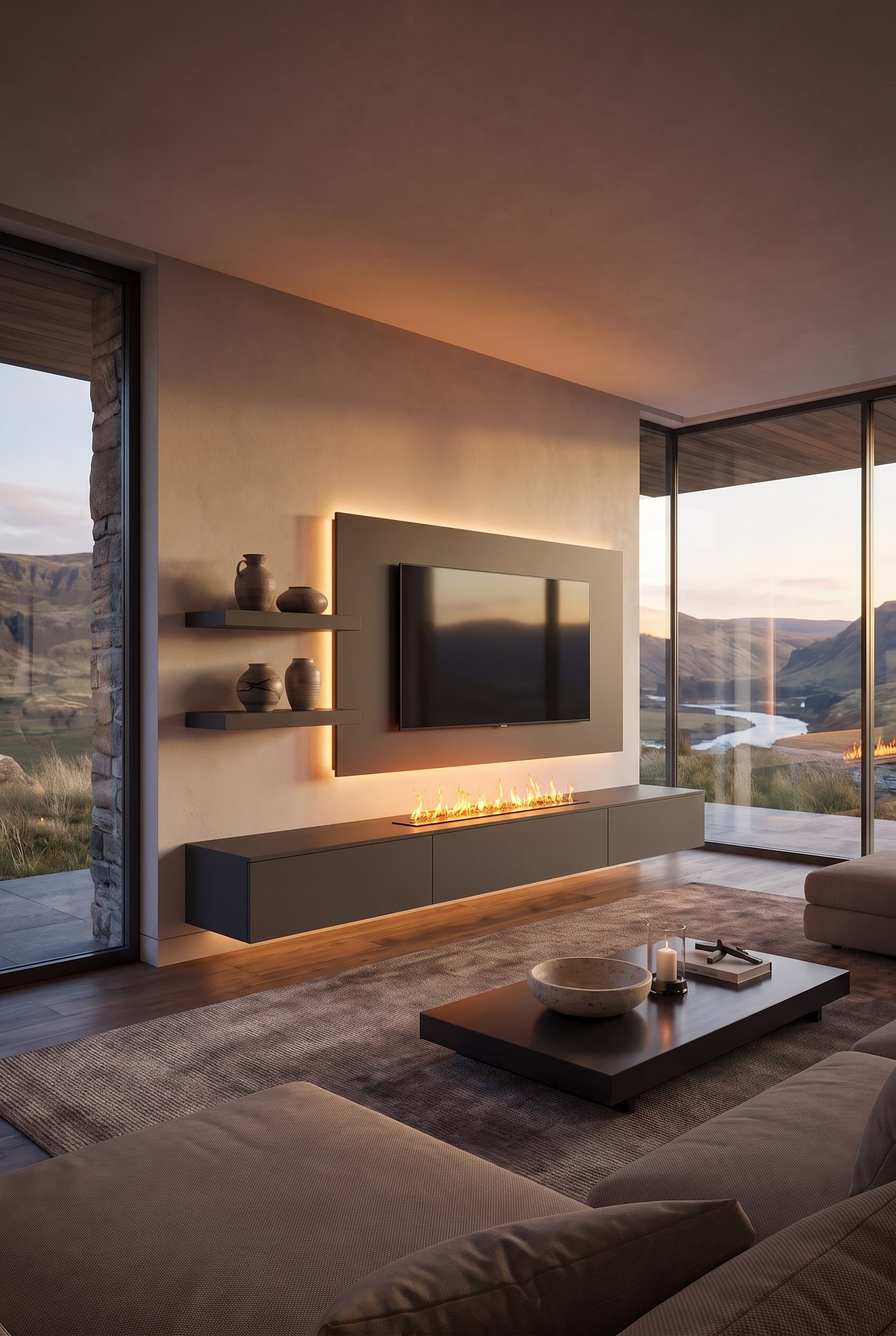 Modernes Wohnzimmer mit schwebenden M&ouml;beln und klarer Linienf&uuml;hrung