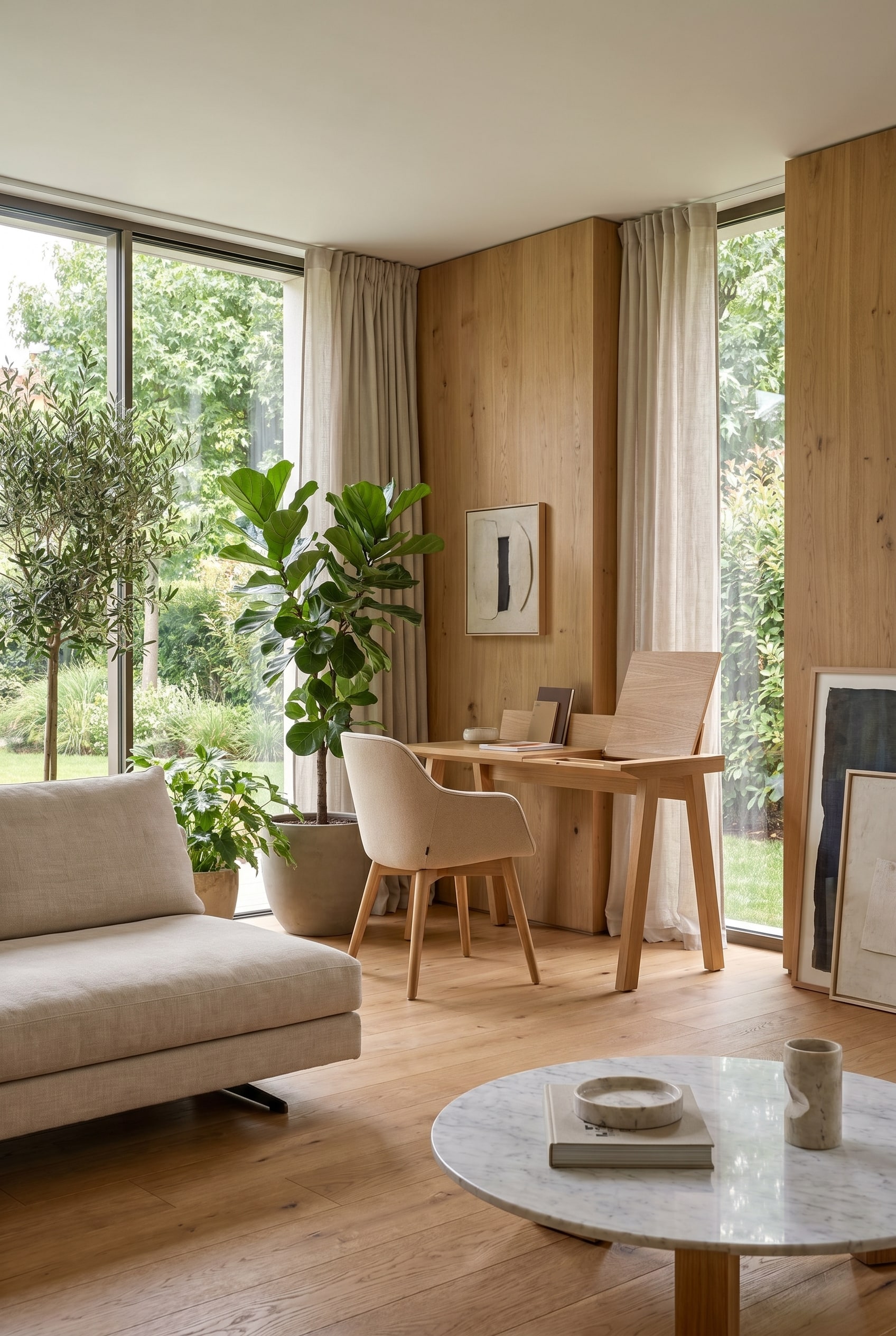 Helles Wohnzimmer mit geschlossenem Walnuss Sekretär und beigem Stuhl