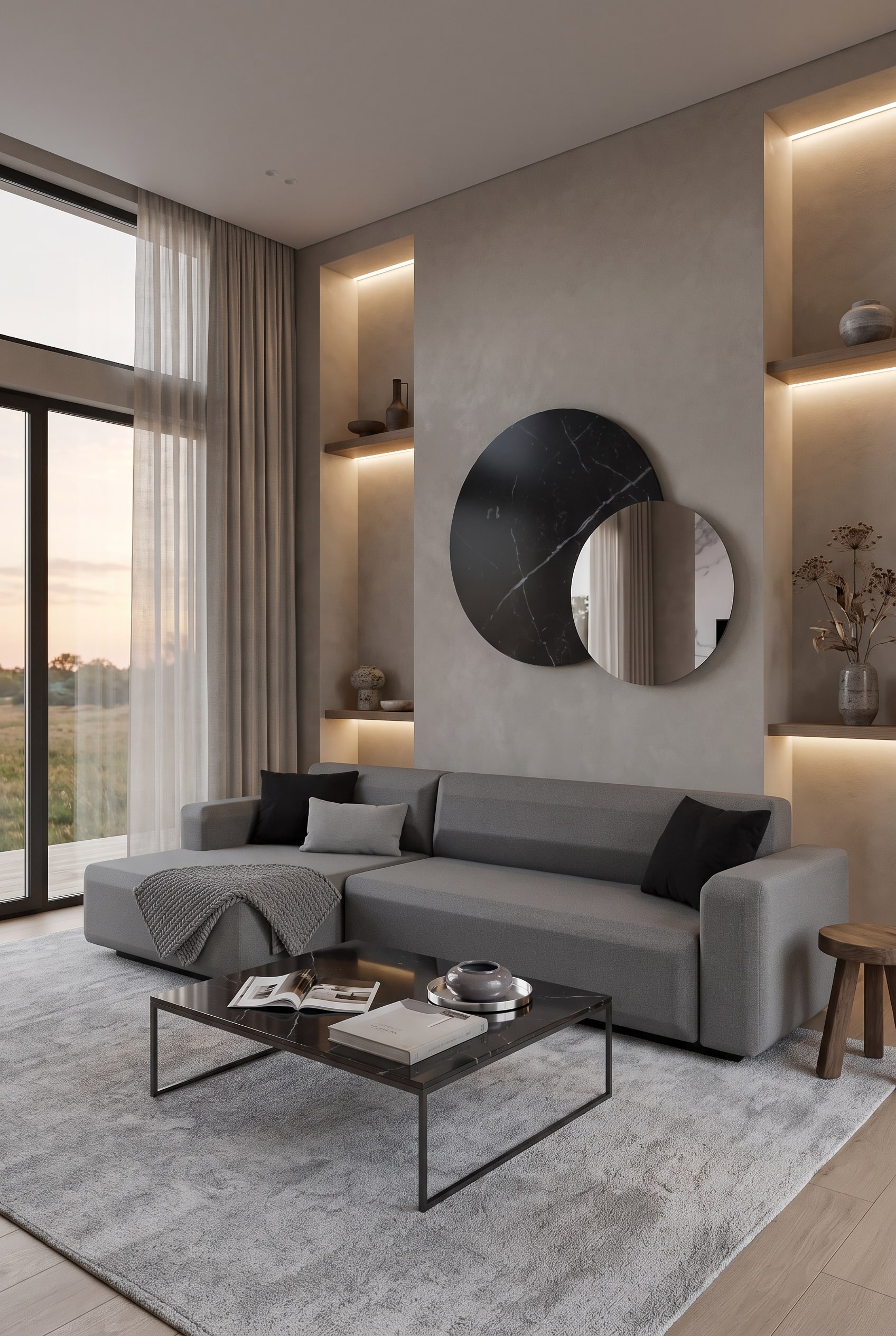 Monochromes Wohnzimmer in Greige mit einem schlichten, hellgrauen Schlafsofa und einem passenden hellen Teppich
