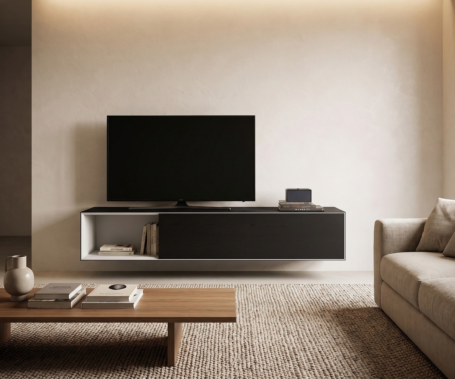 Livitalia Minimal Lowboard hängend im Wohnzimmer: Schwarzer TV-Unterschrank aus Holz mit offenem Fach und Klapptür.