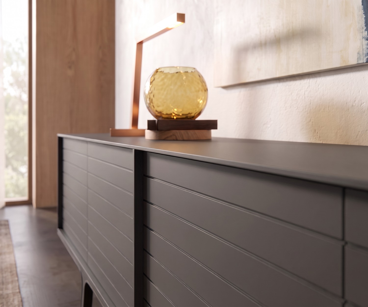 al2 Mobius 002 Design Sideboard in Dunkelgrau al2 Mobius 002 Sideboard fürs Wohnzimmer in Dunkelgrau mit Holzbeinen, minimalistische Dekoration und abstraktes Bild.