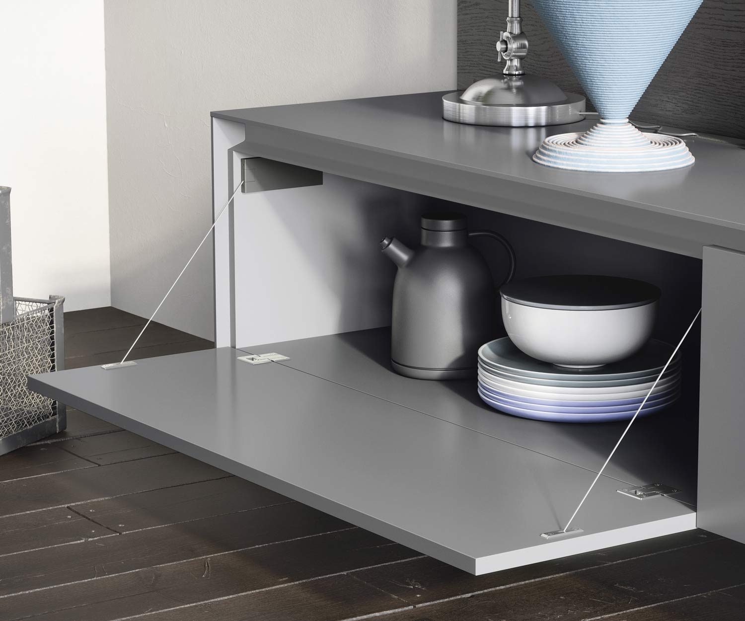 Reverse Design Hellgrau Matt Klapptuer offen Reverse Design Hellgrau Matt Klapptuer offen