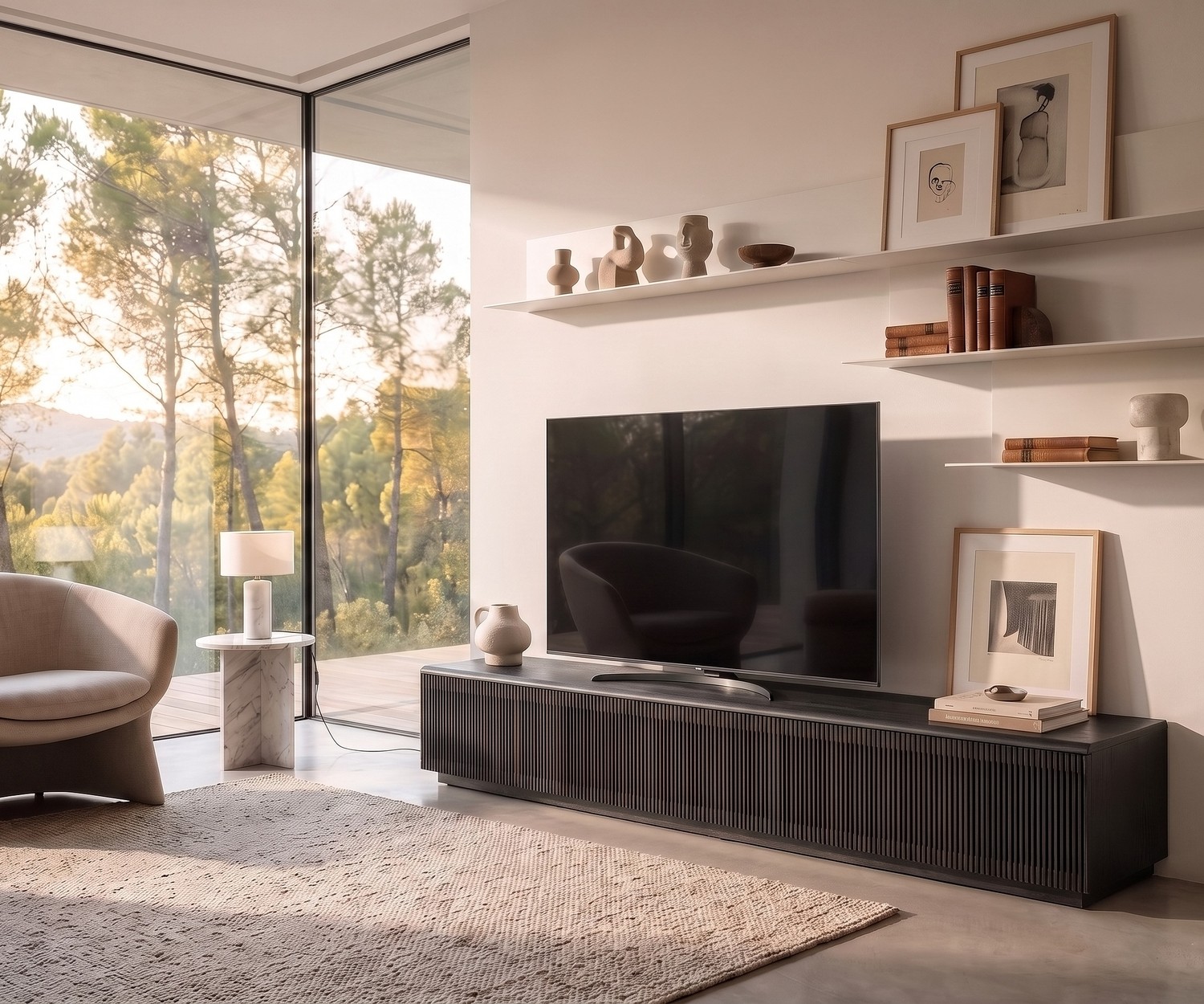 Punt Malmö TV Lowboard mit Lamellenfront Punt Malmö TV Lowboard in Dunkelbraun mit Lamellenfront im modernen Wohnzimmer für Fernseher und Mediengeräte.