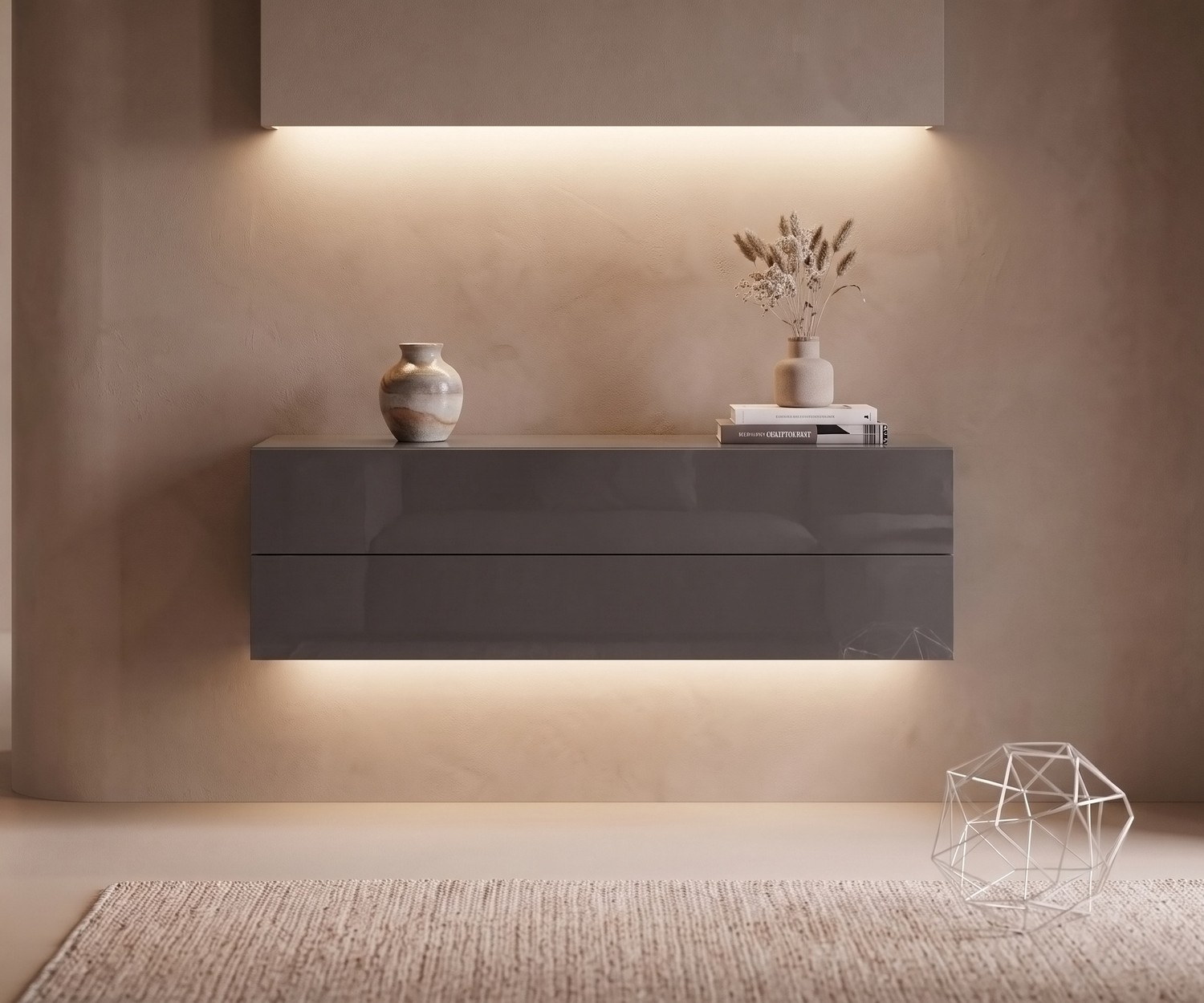 Novamobili Hängekommode Easy mit LED-Beleuchtung Novamobili Hängekommode Easy im Wohnzimmer. Schwebendes Sideboard in Quarz Grau mit LED-Beleuchtung im minimalistischen Stil.