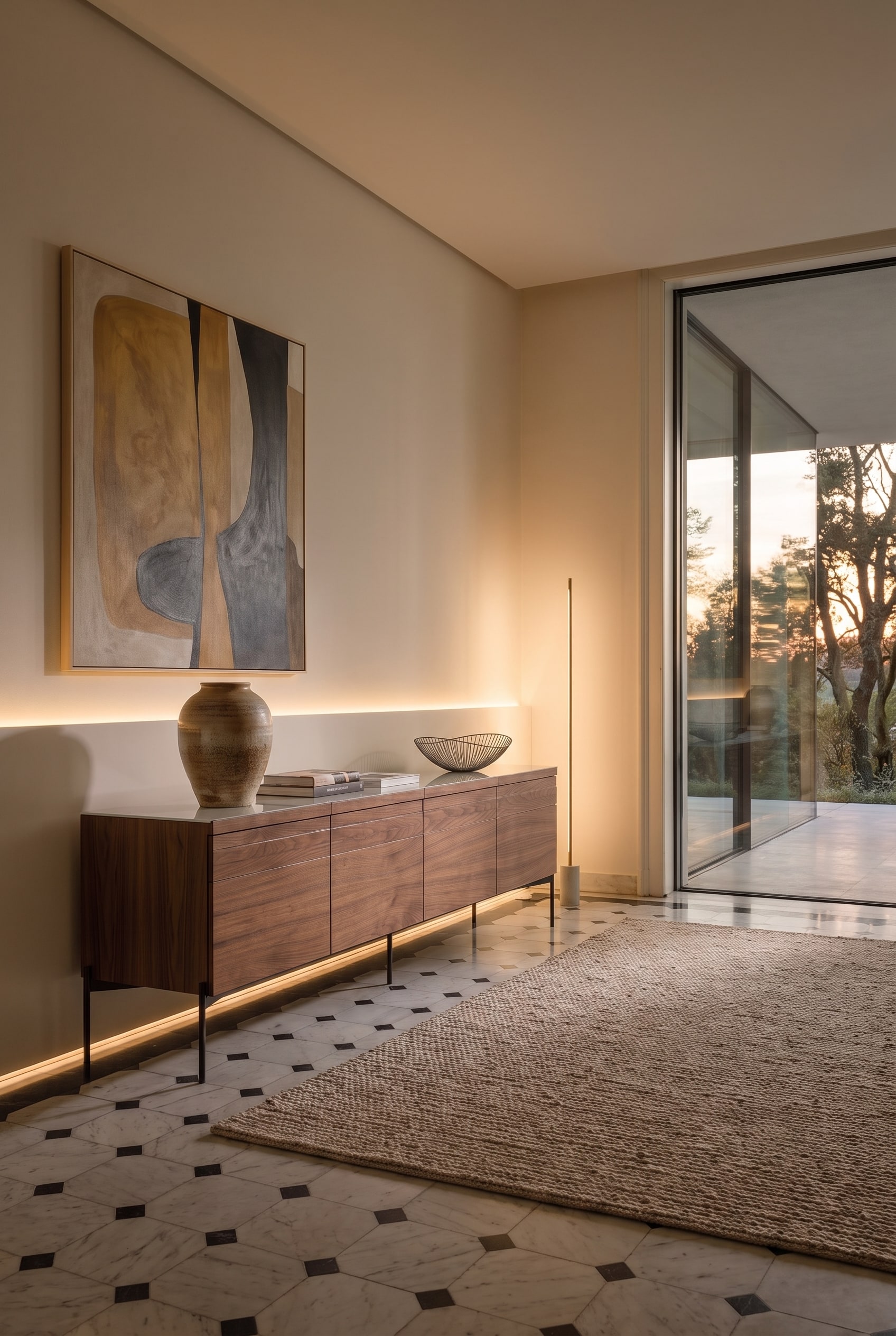 Modernes Holz-Sideboard im Flur mit indirekter Wandbeleuchtung, gro&szlig;em abstrakten Gem&auml;lde und hellen Bodenfliesen.