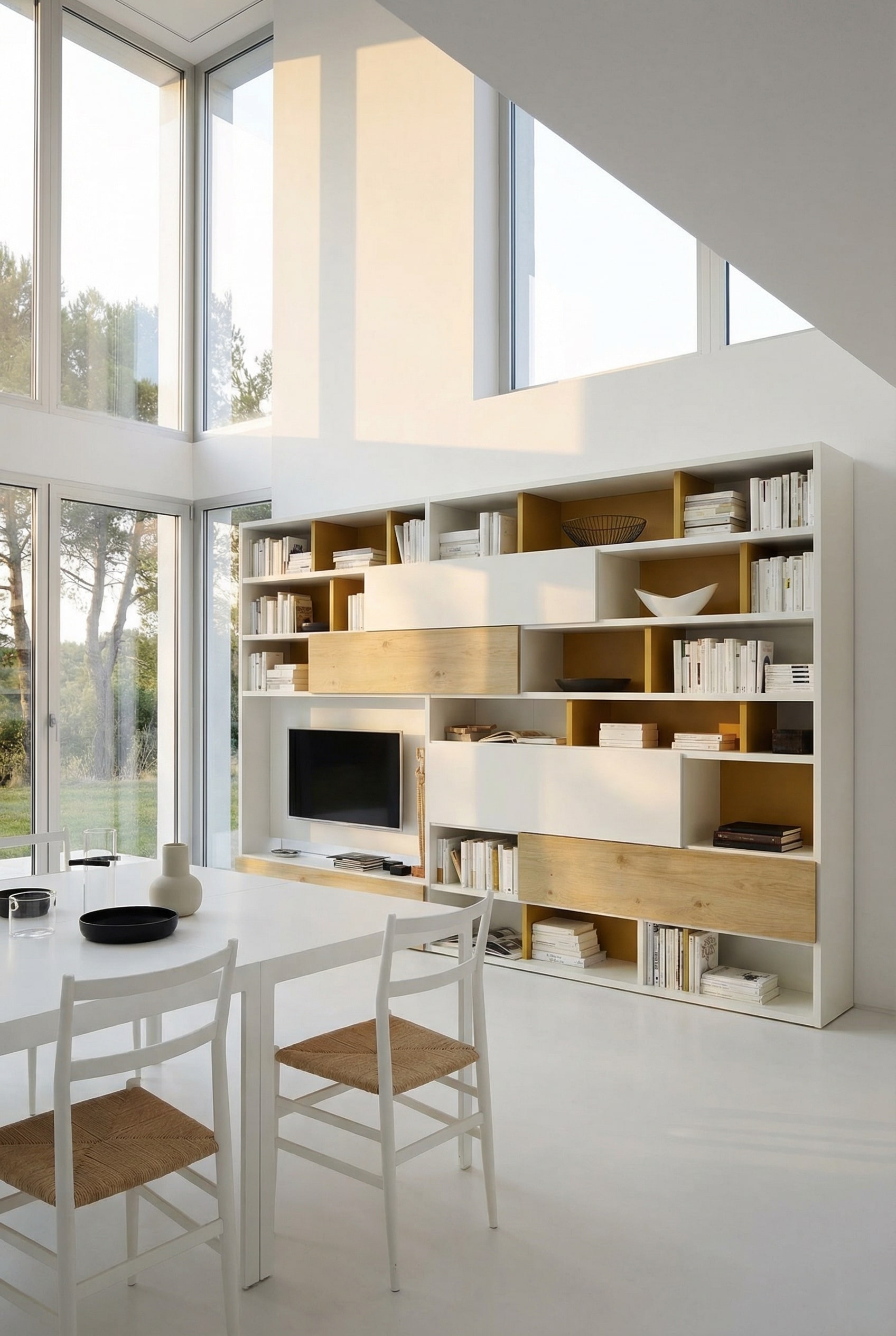 Modernes Wohnzimmer mit asymmetrischem Livitalia Bücherregal C51, dekoriert mit horizontalen Büchern und Kunst. Modernes Wohnzimmer mit asymmetrischem Livitalia Bücherregal C51, dekoriert mit horizontalen Büchern und Kunst.