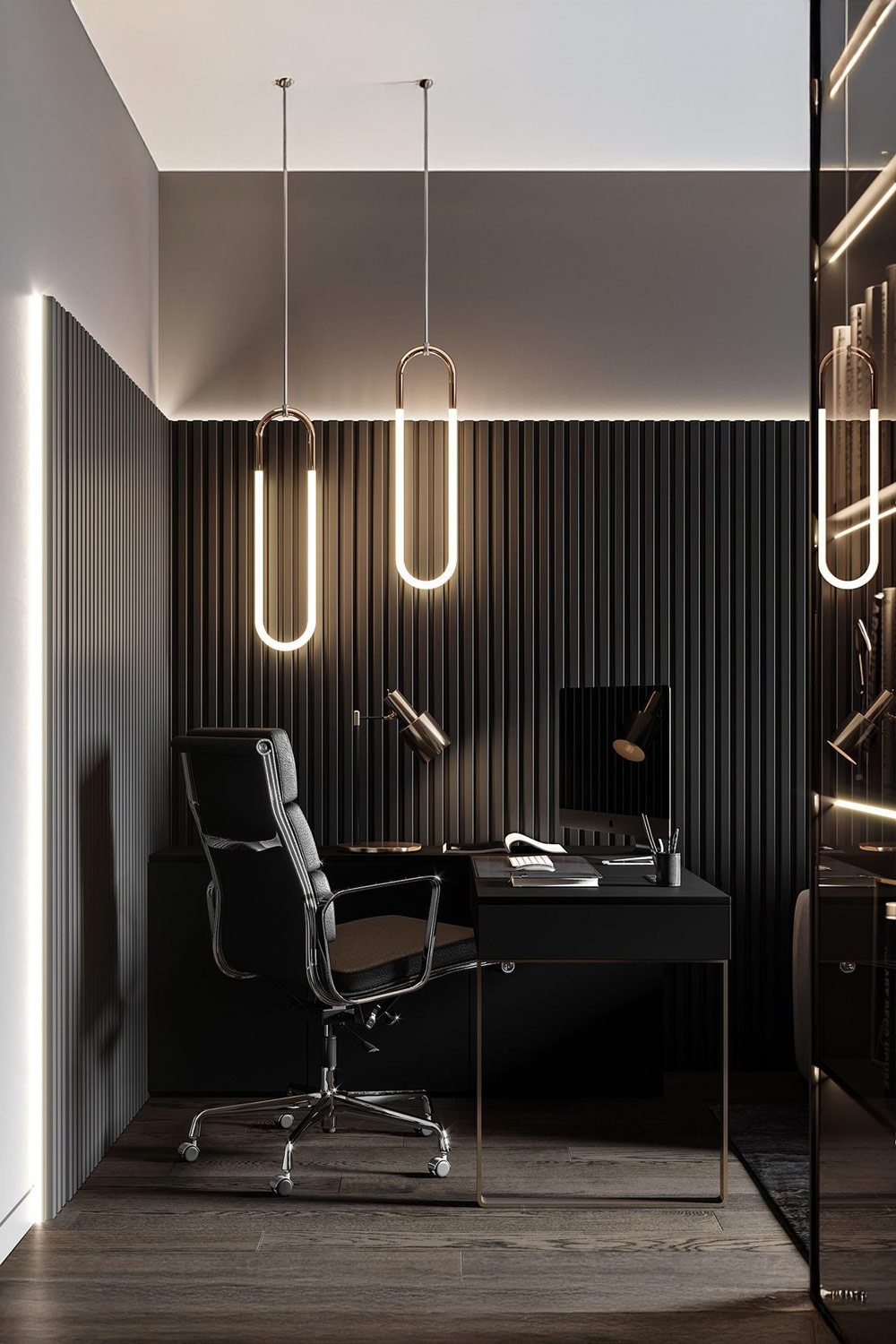 moderner-arbeitsplatz-mit-designer-buerostuhl-und-schreibtisch-unter-futuristischen-leuchten