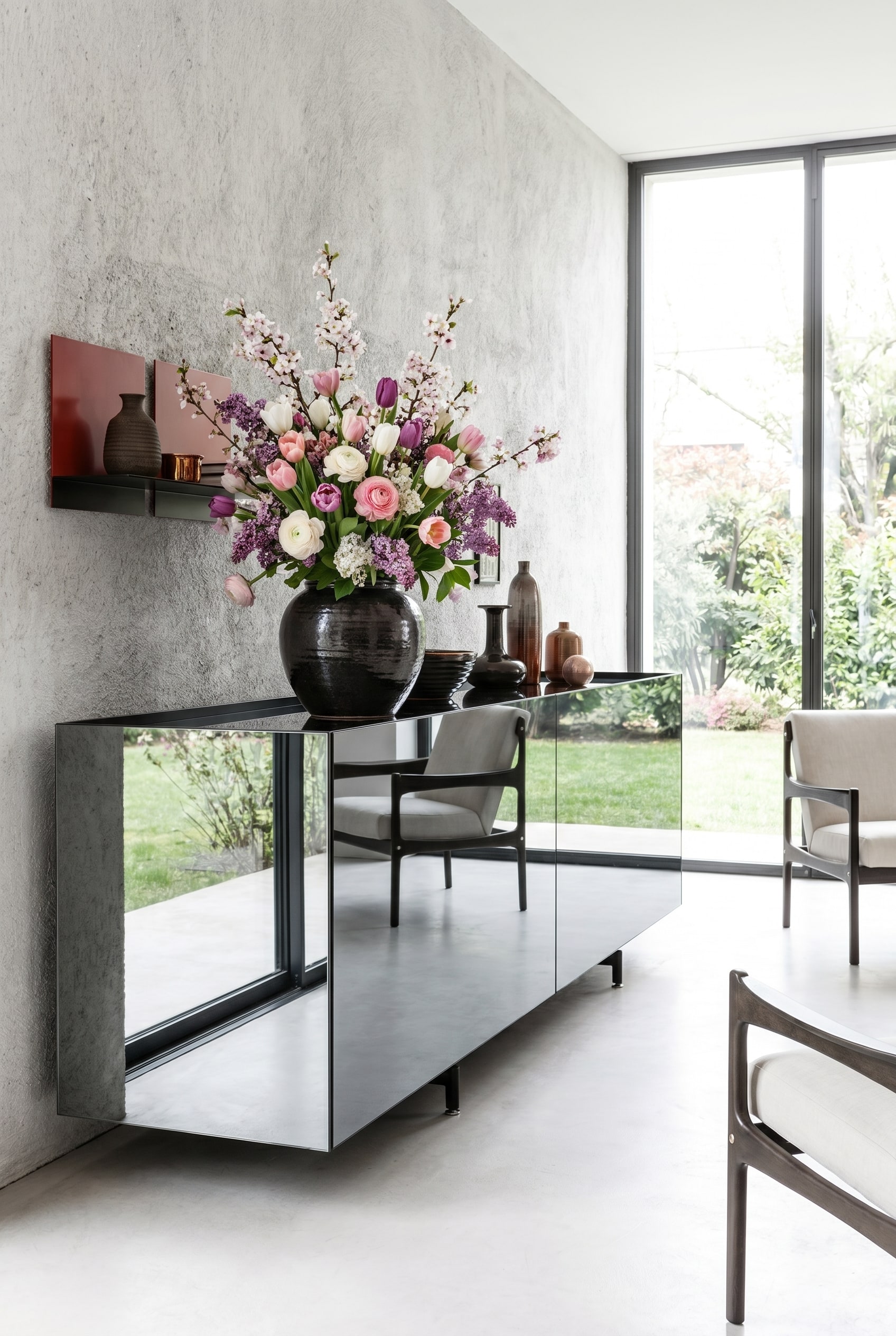 Sideboard mit verspiegelten Fronten in einem hellen Raum, wodurch das Fr&uuml;hlingsarrangement auf der Deckplatte optisch zu schweben scheint