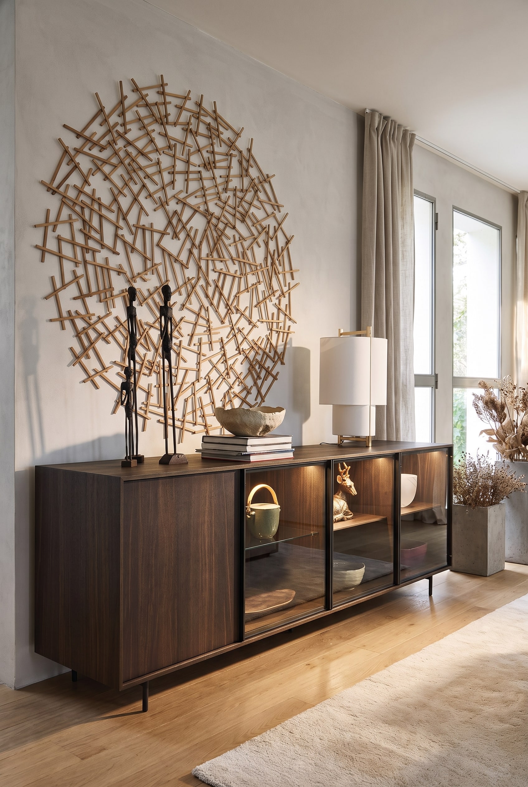 Modernes Glas-Sideboard, auf dem große Coffee Table Books als Podest für eine Skulptur dienen.