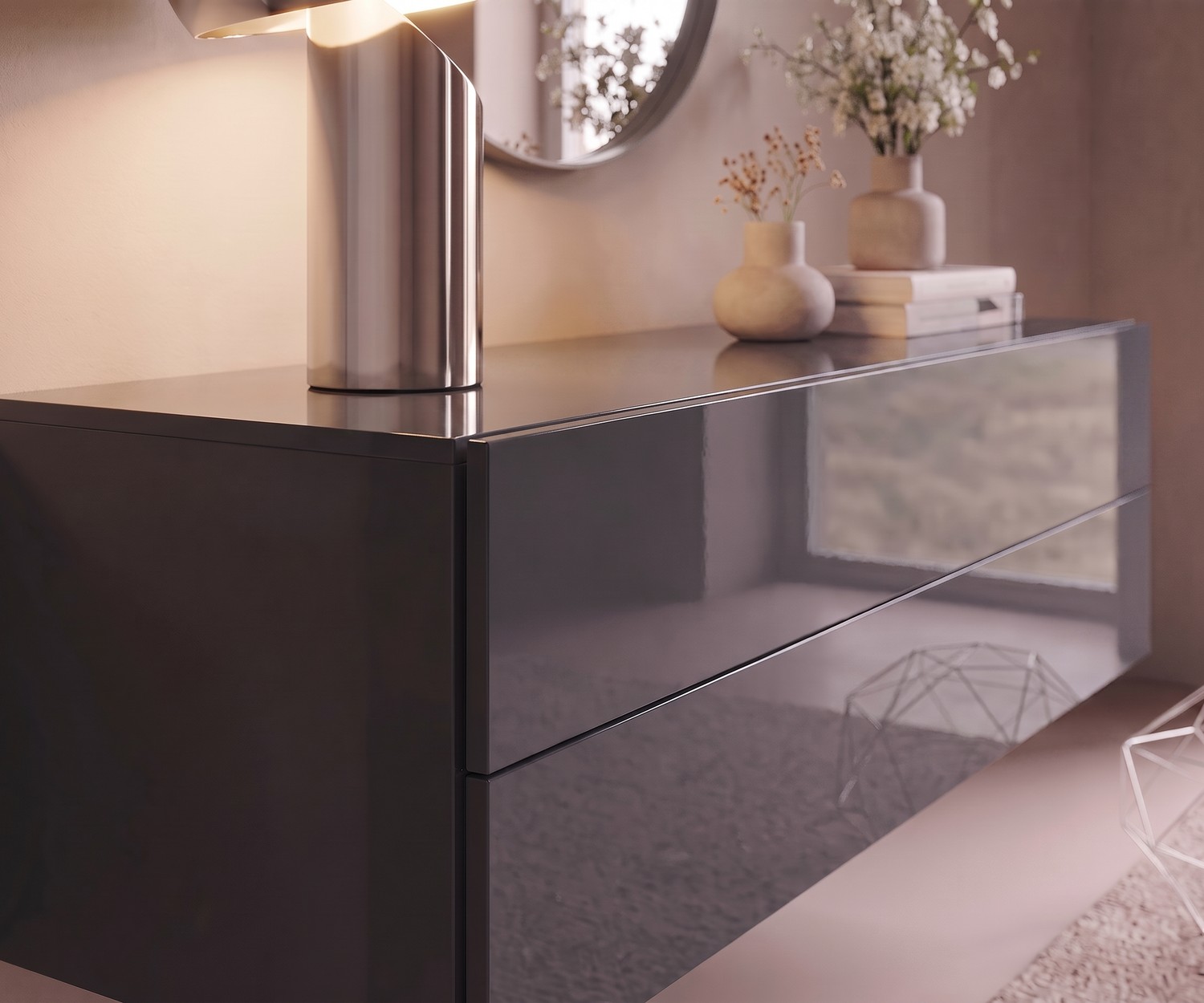 Hängekommode Novamobili Easy in Quarz Hochglanz Hängekommode Novamobili Easy für stilvollen Stauraum im Flur, in elegantem Quarz Hochglanz, moderner Minimalismus.