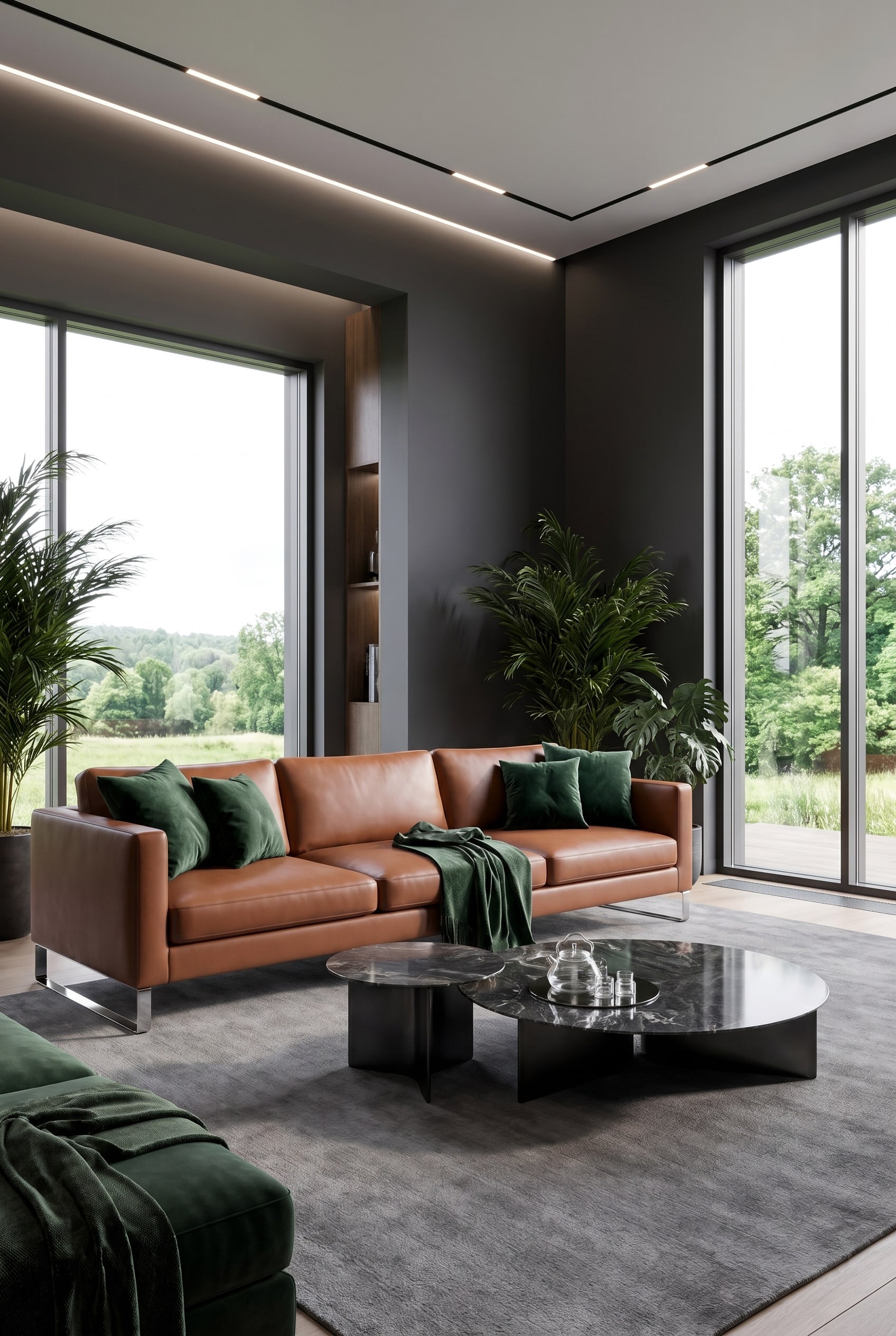 Modernes Wohnzimmer mit bodentiefen Fenstern, einem eleganten Echtleder-Sofa in Cognac-Braun, hellen Wänden und einer großen dunkelgrünen Zimmerpflanze
