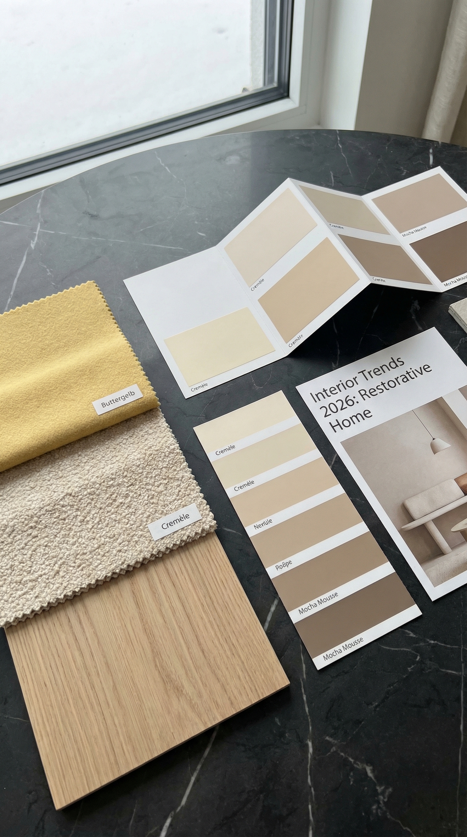 Moodboard mit Stoffmustern in Buttergelb, Boucle und hellem Holz Moodboard mit Stoffmustern in Buttergelb, Boucle und hellem Holz