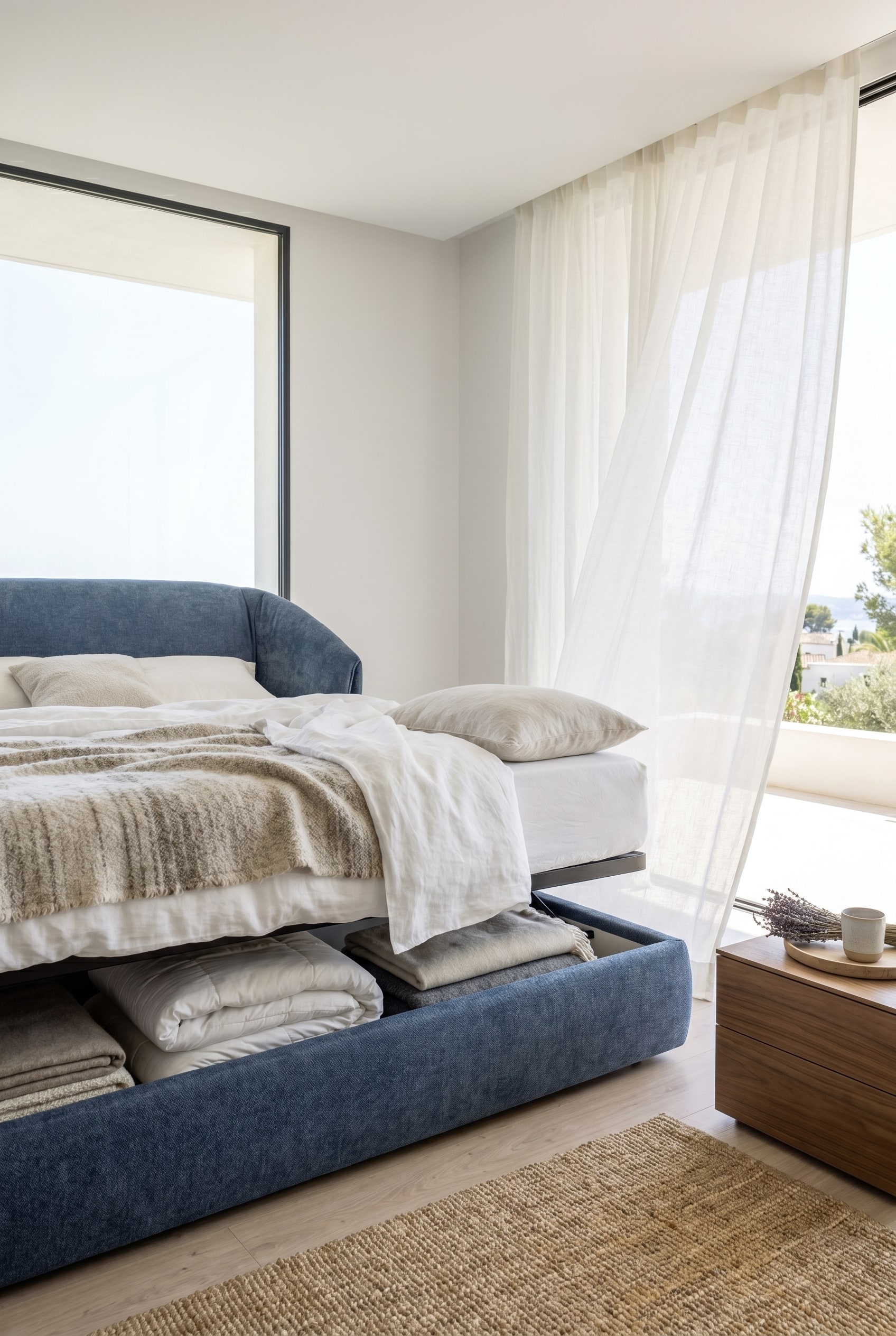 Gemütliches Polsterbett mit opulentem Kopfteil in einem hellen, ruhigen Raum Gemütliches Polsterbett mit opulentem Kopfteil in einem hellen, ruhigen Raum