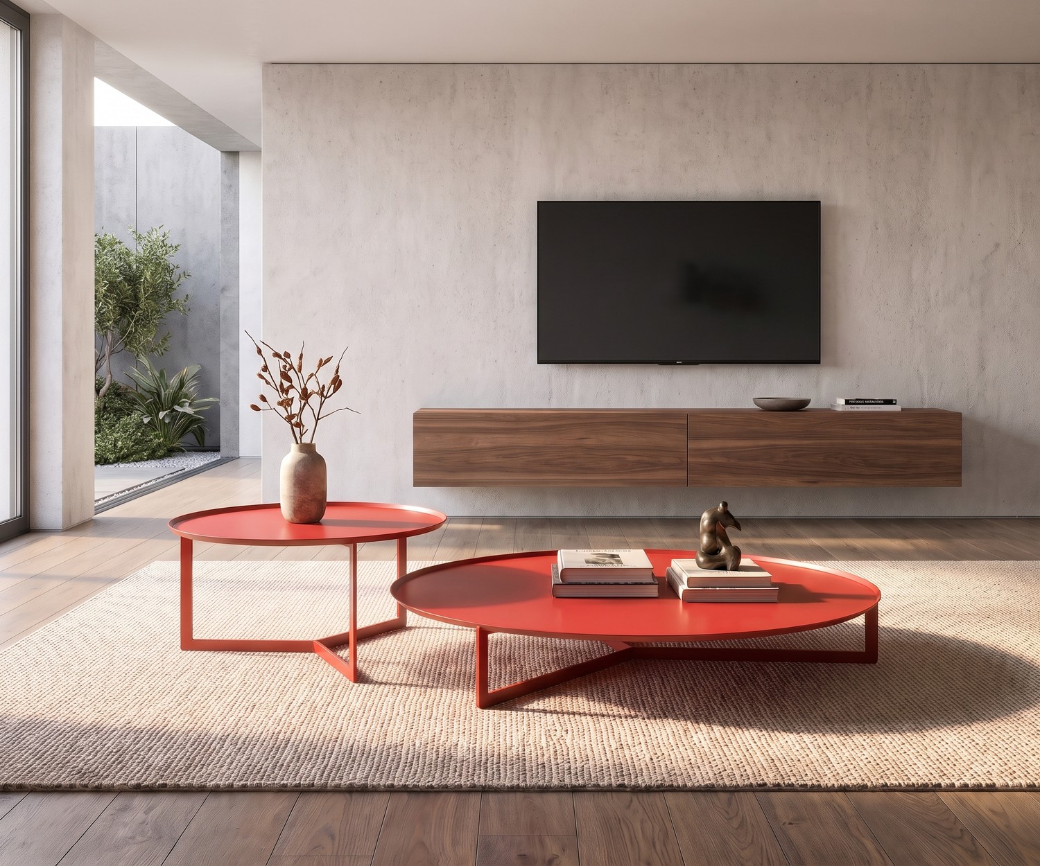 MEME DESIGN Round Couchtisch aus Metall Round Couchtisch von MEME Design im modernen Wohnzimmer. Runder flacher Design-Metalltisch neben beigem Sofa.