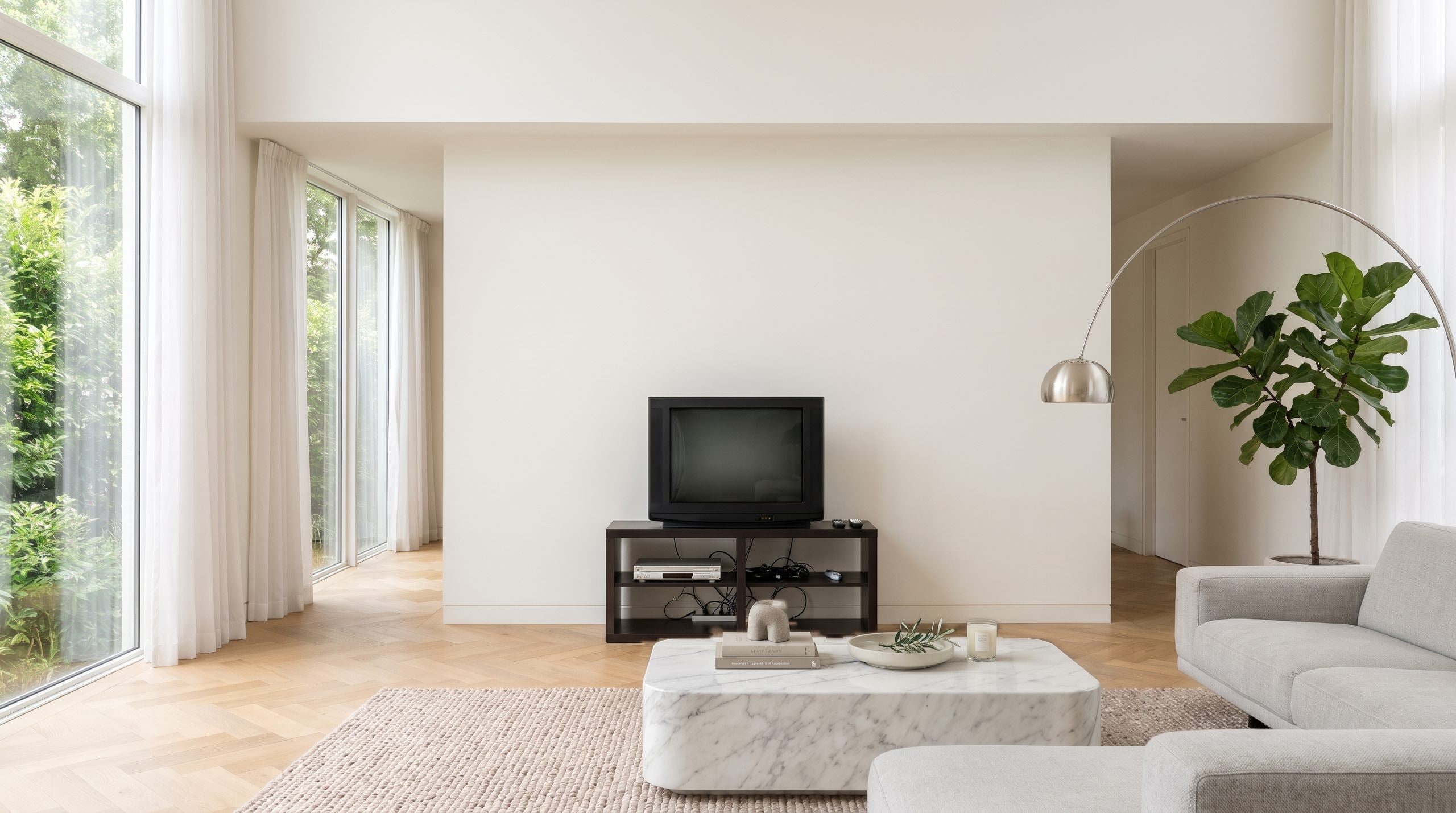 Helles Wohnzimmer mit leerer wei&szlig;er Wand, altem Fernseher auf kleinem Regal und Marmor-Couchtisch als Ausgangsfoto f&uuml;r den Wohnzimmer Planer