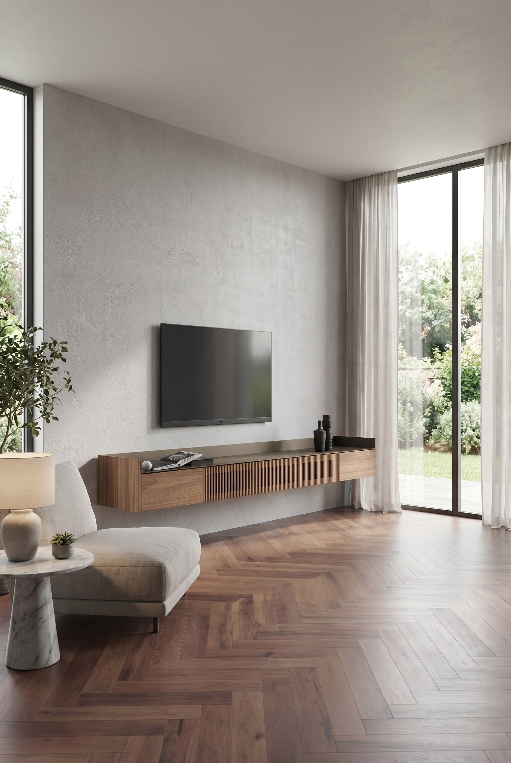 Elegantes schwebendes TV-Sideboard aus Holz in einem lichtdurchfluteten, minimalistischen Wohnzimmer Elegantes schwebendes TV-Sideboard aus Holz in einem lichtdurchfluteten, minimalistischen Wohnzimmer