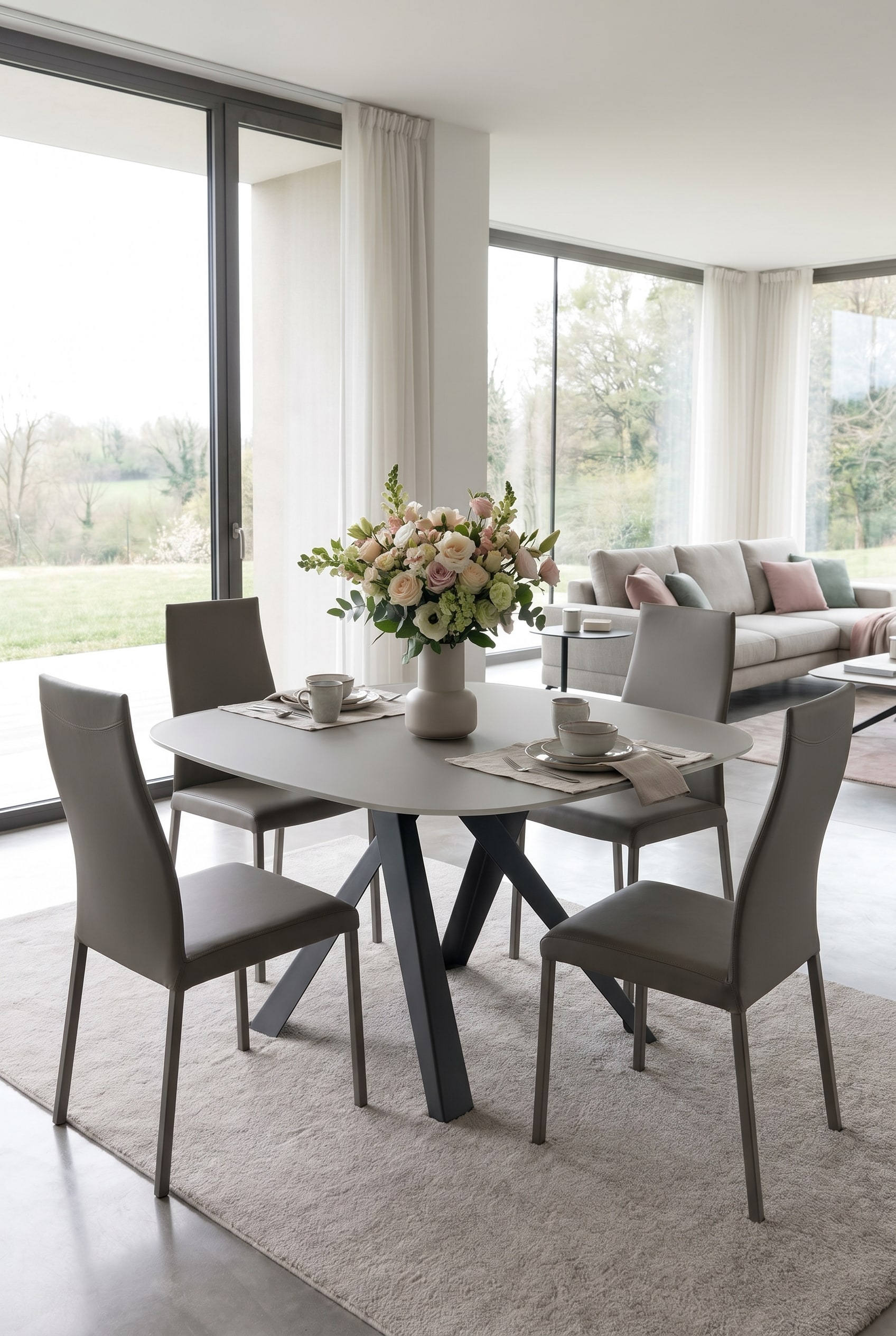 Matter, minimalistischer Esstisch mit farblich auf das Wohnzimmer abgestimmtem Blumenstrau&szlig; in ruhigem Design-Setting