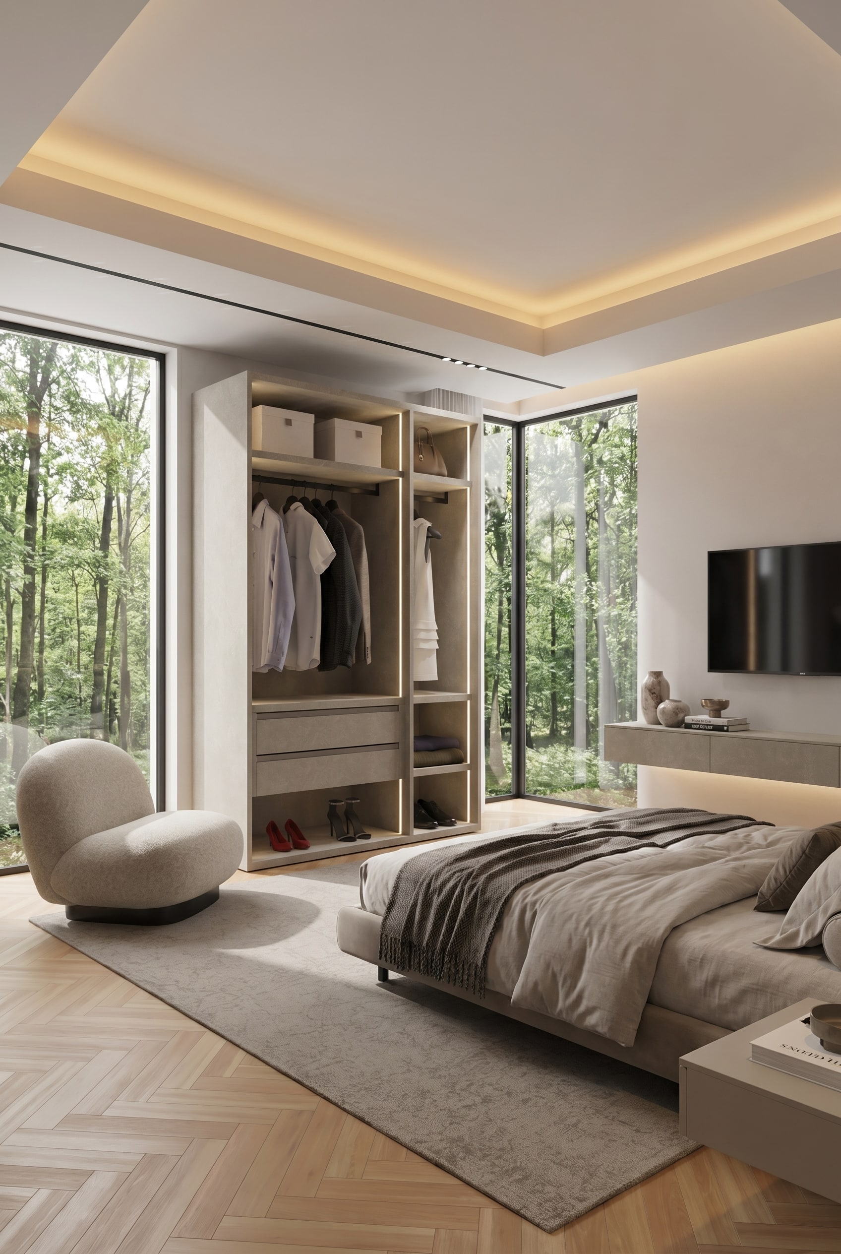 Boutique-Schlafzimmer mit offener Ankleide ohne T&uuml;ren, beleuchteten Regalb&ouml;den, einem hellen Sessel und einem dezenten Teppich auf Fischgr&auml;tparkett