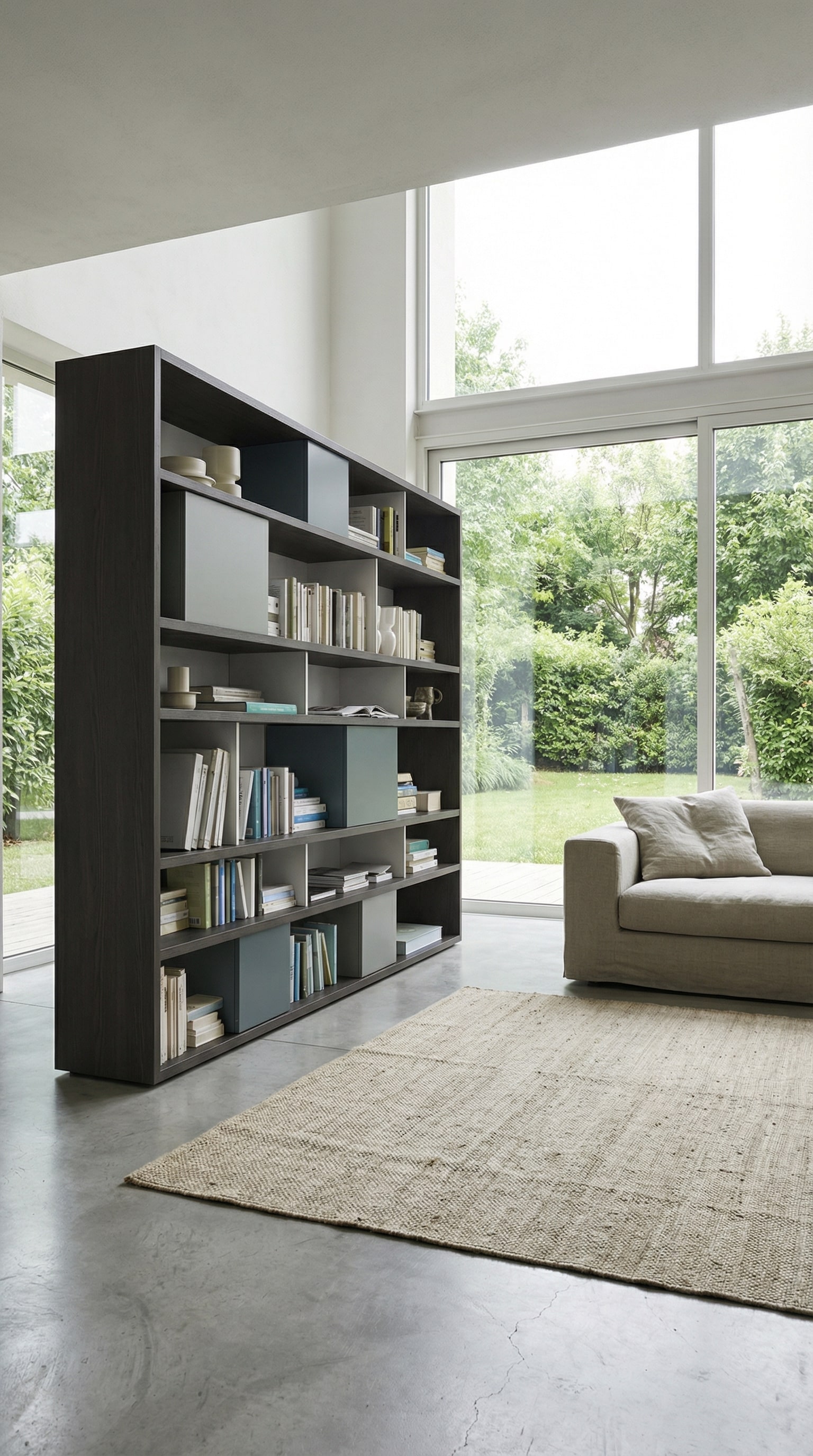 Filigranes Holzb&uuml;cherregal im modernen Wohnzimmer mit gro&szlig;en Fenstern