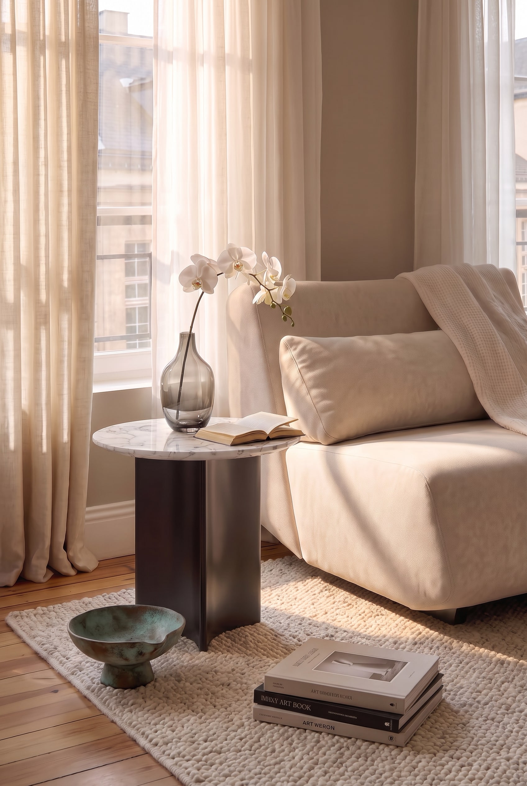 Set aus zwei unterschiedlich großen Couchtischen vor einem modernen Sofa