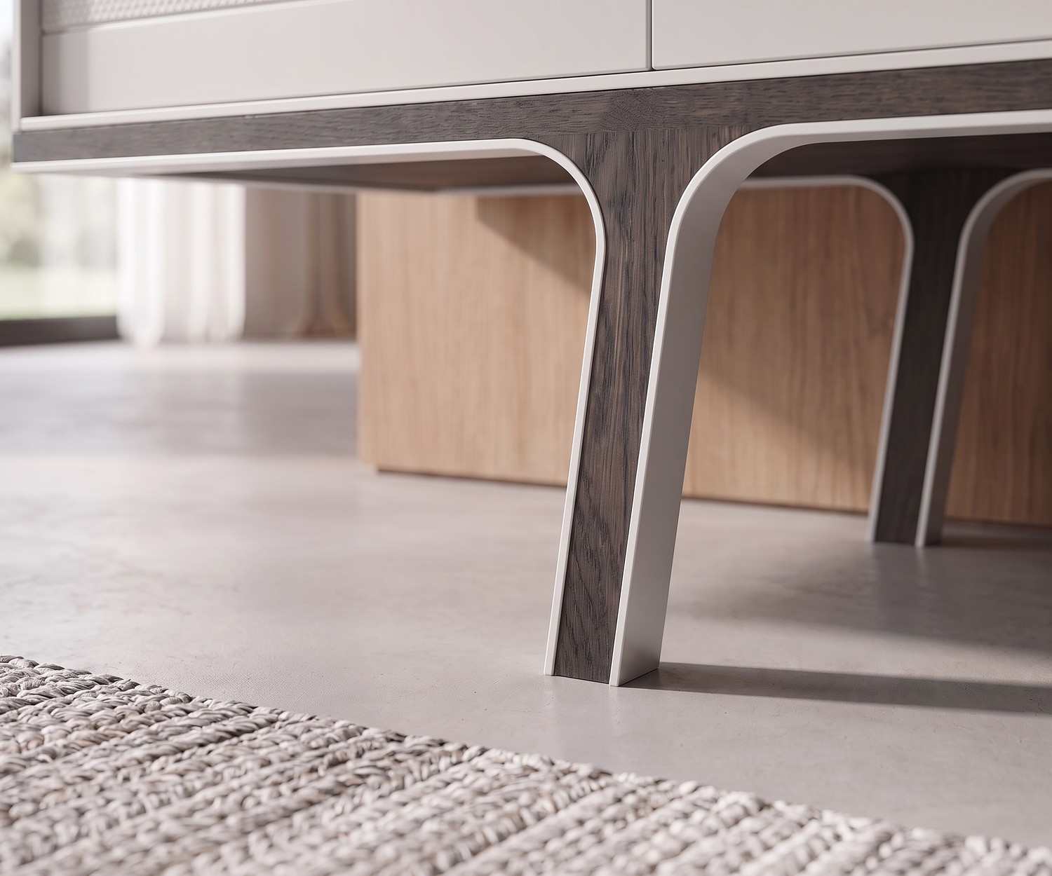 Mobius 002 Sideboard von al2 im Wohnzimmer, Detailaufnahme der Holzfüße mit weißer Metallumrandung im modernen Stil.