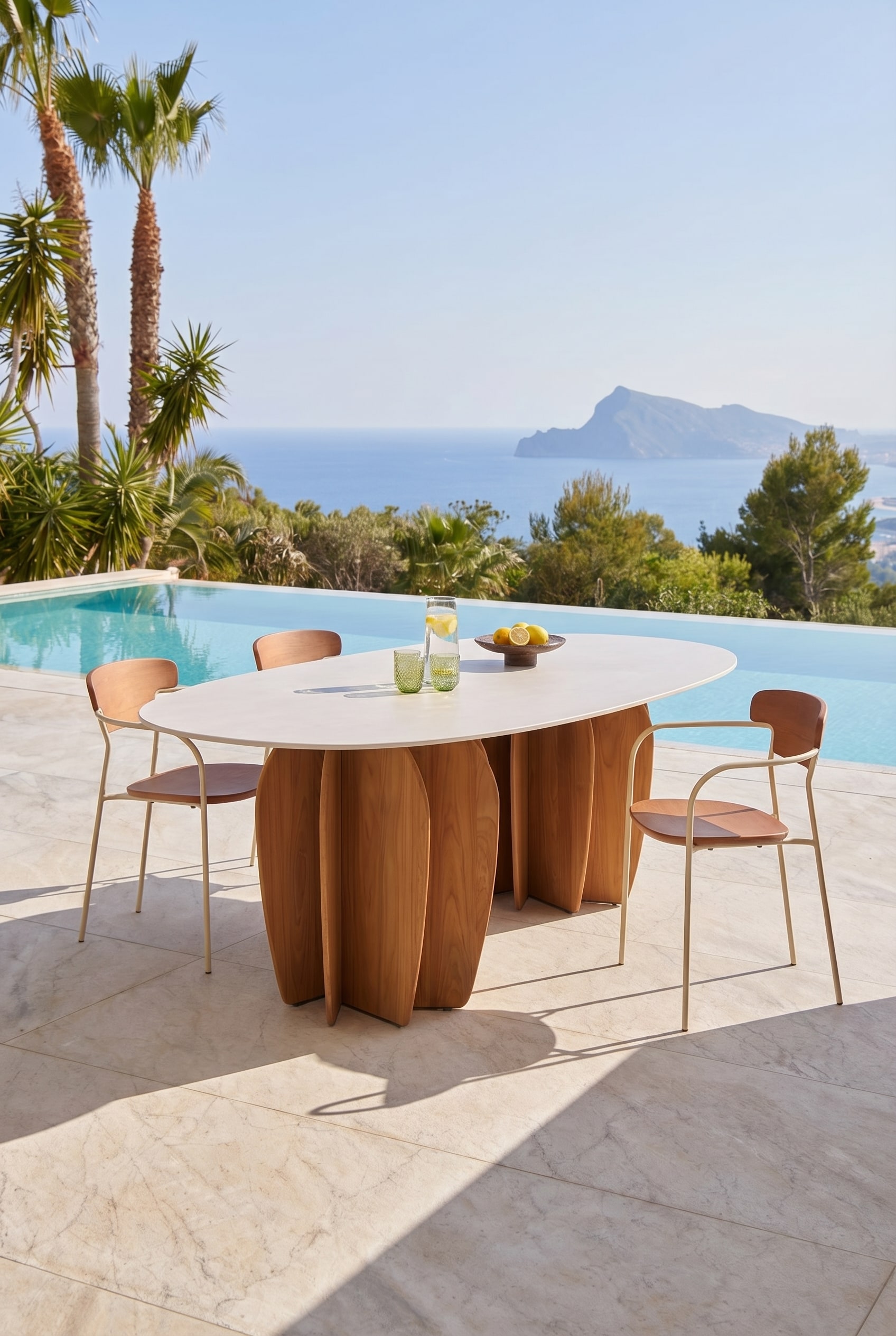 Großer Outdoor Esstisch mit skulpturalen Holzfüßen auf einer sonnigen Terrasse Großer Outdoor Esstisch mit skulpturalen Holzfüßen auf einer sonnigen Terrasse