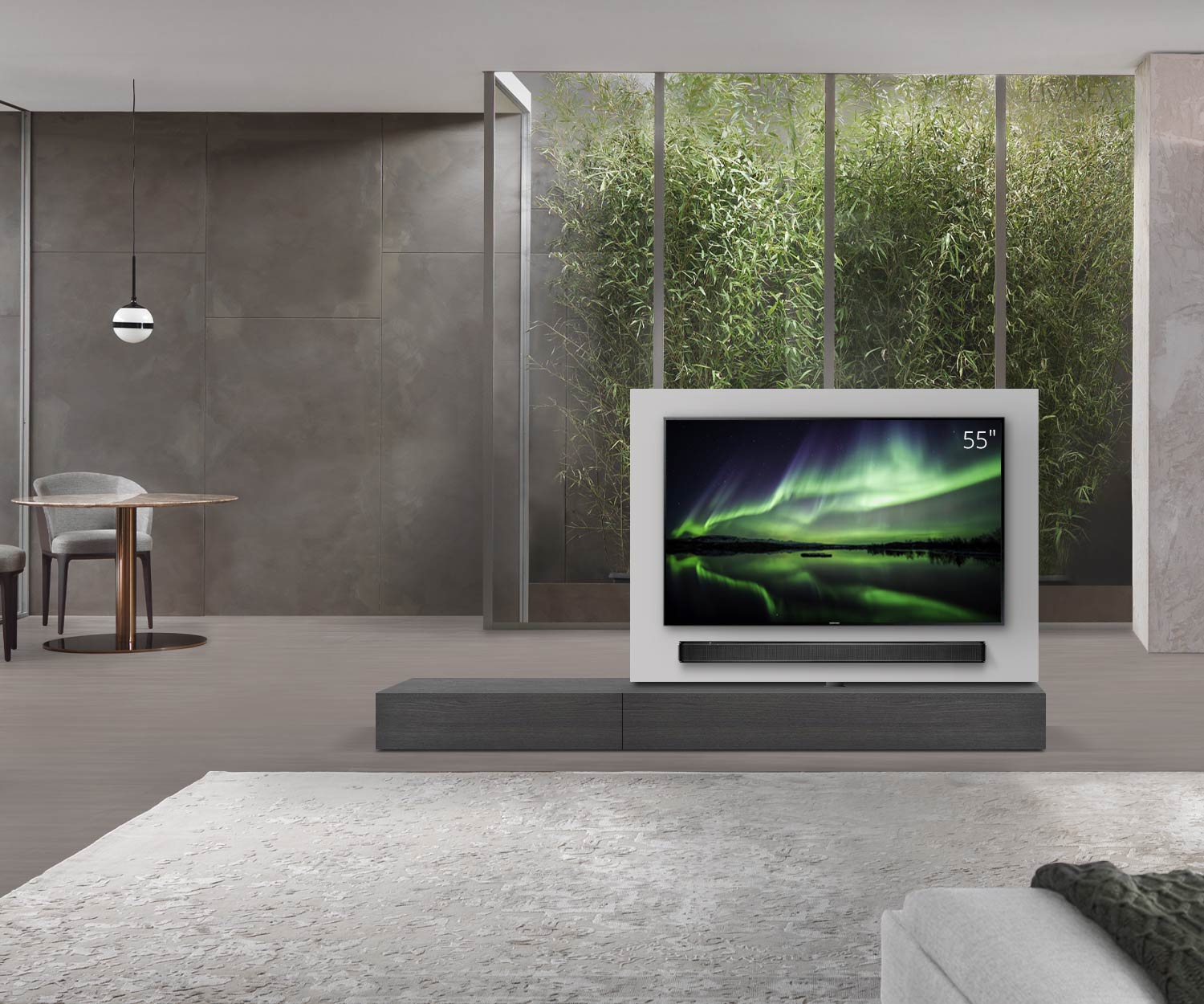 Livitalia Roto Design Lowboard Raumteiler mit drehbarem TV Paneel B150 65 H25 T56 EiGr B90li oBox