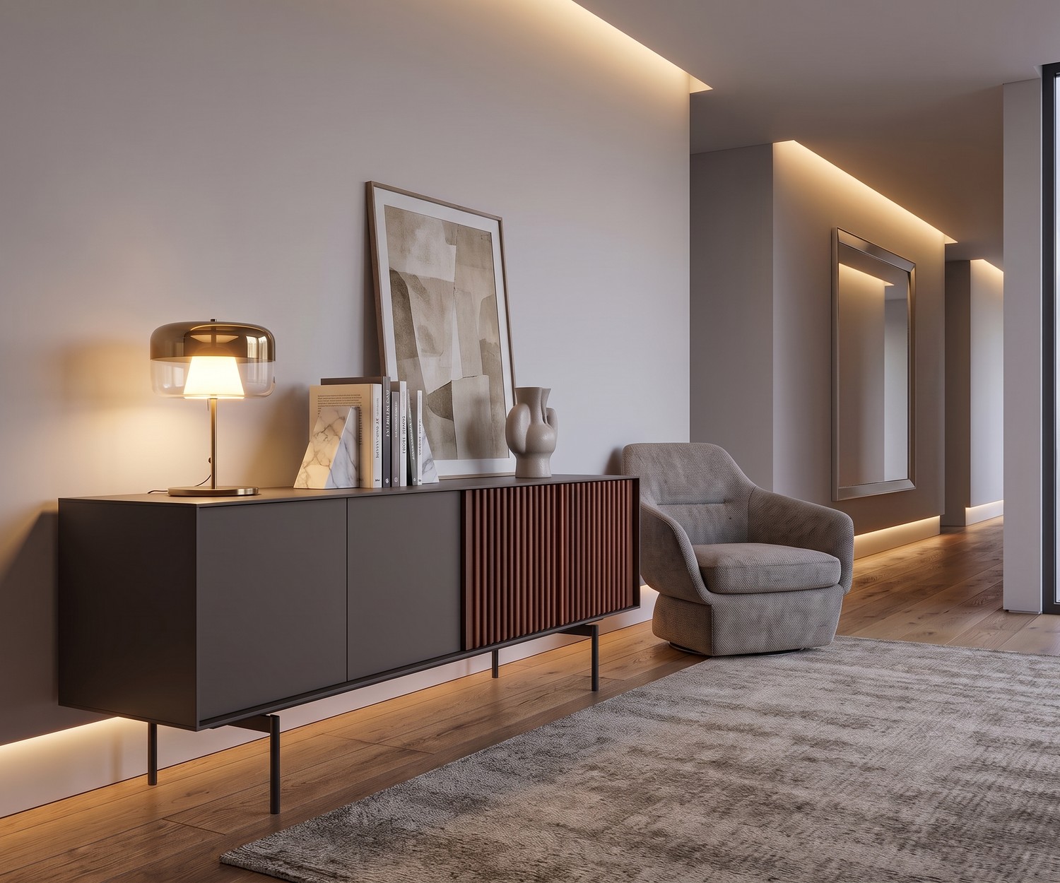 Design Sideboard Walnuss Dunkelgrau Matt lackiert Türen mit Push Pull Technik