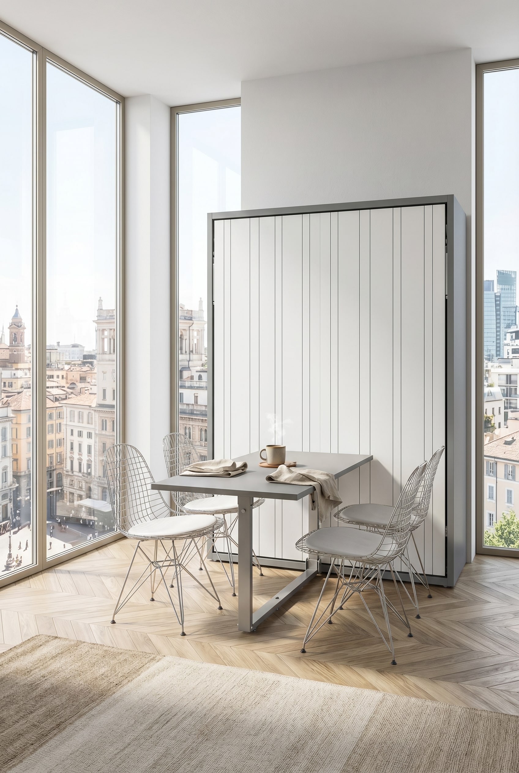 Ein stilvolles Esszimmer mit einem großen Esstisch, der clever in die Front eines geschlossenen Wandbettes integriert ist. Ein stilvolles Esszimmer mit einem großen Esstisch, der clever in die Front eines geschlossenen Wandbettes integriert ist.