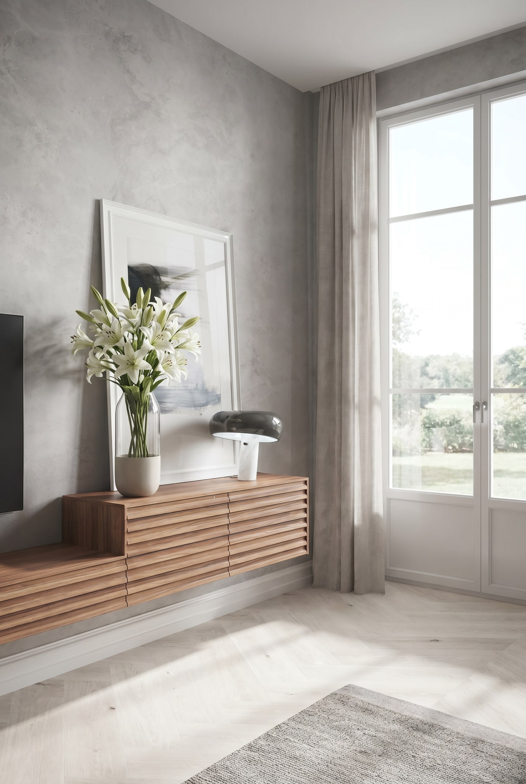 Sehr flaches Lowboard in einem modernen Wohnzimmer, dekoriert mit einer extrem hohen Statement-Vase