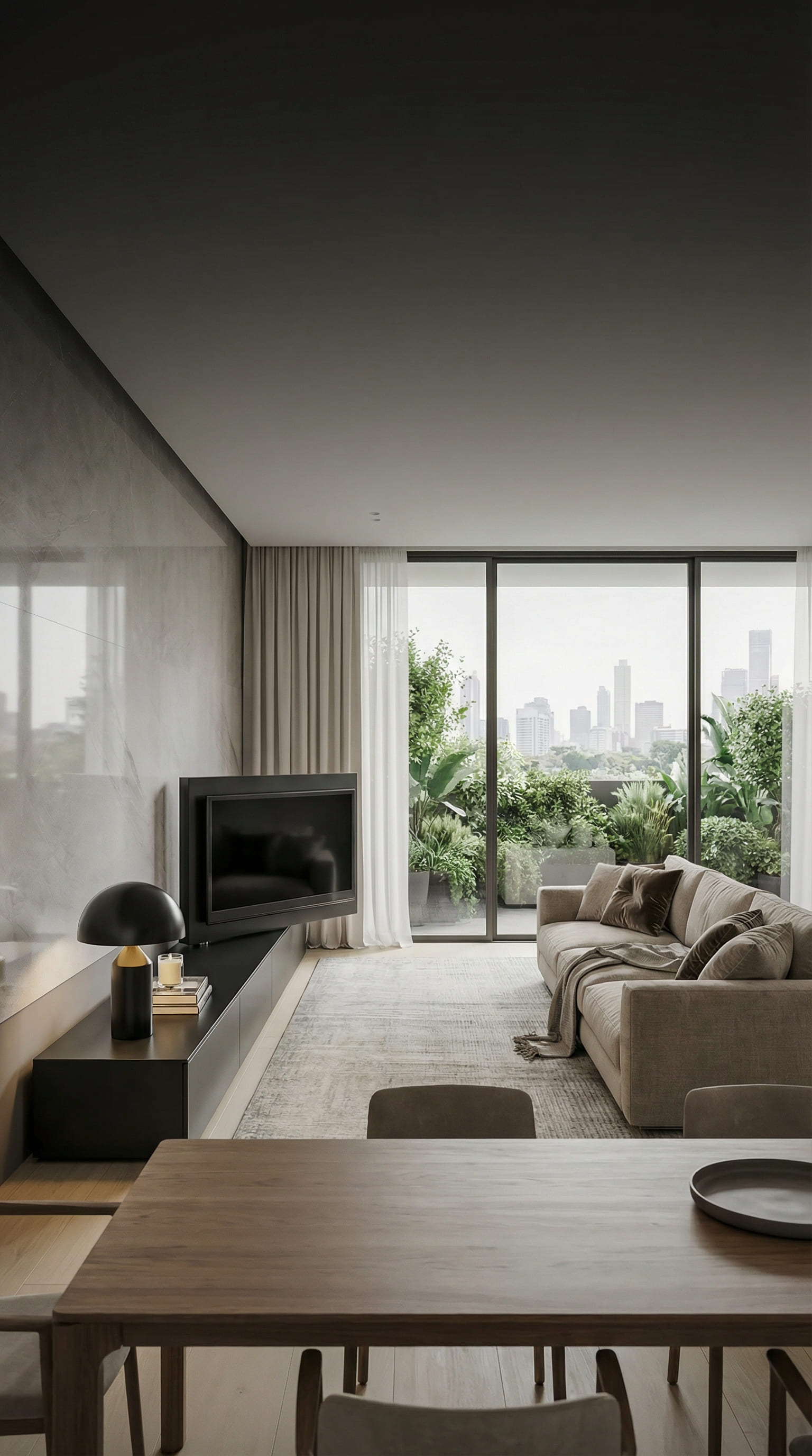 TV Lowboard mit um 90 Grad geschwenktem Fernseher Richtung Esstisch TV Lowboard mit um 90 Grad geschwenktem Fernseher Richtung Esstisch