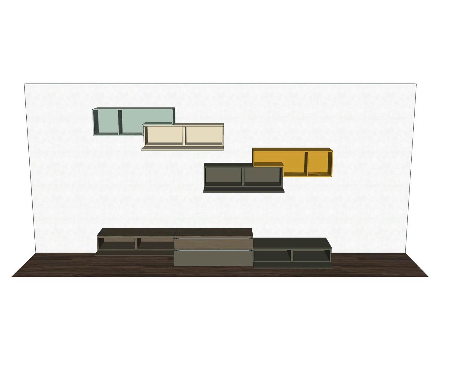 Tetris Design Wohnwand C20 Türen mit farbig markierten Elementen Tetris Design Wohnwand C20 Türen mit farbig markierten Elementen