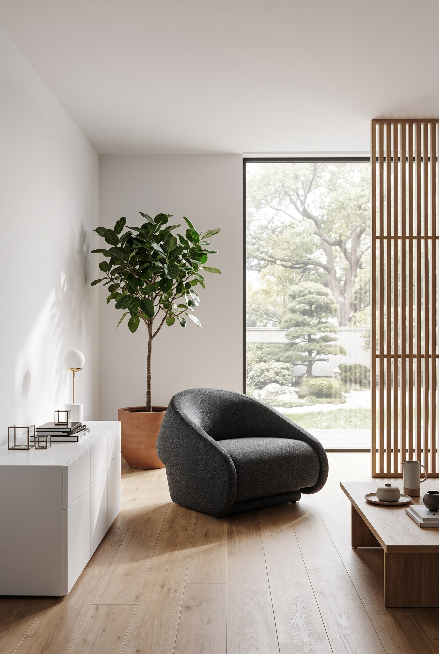 Aufger&auml;umtes Zimmer mit einem monolithischen, anthrazitfarbenen Schlafsessel und minimalistischer Deko